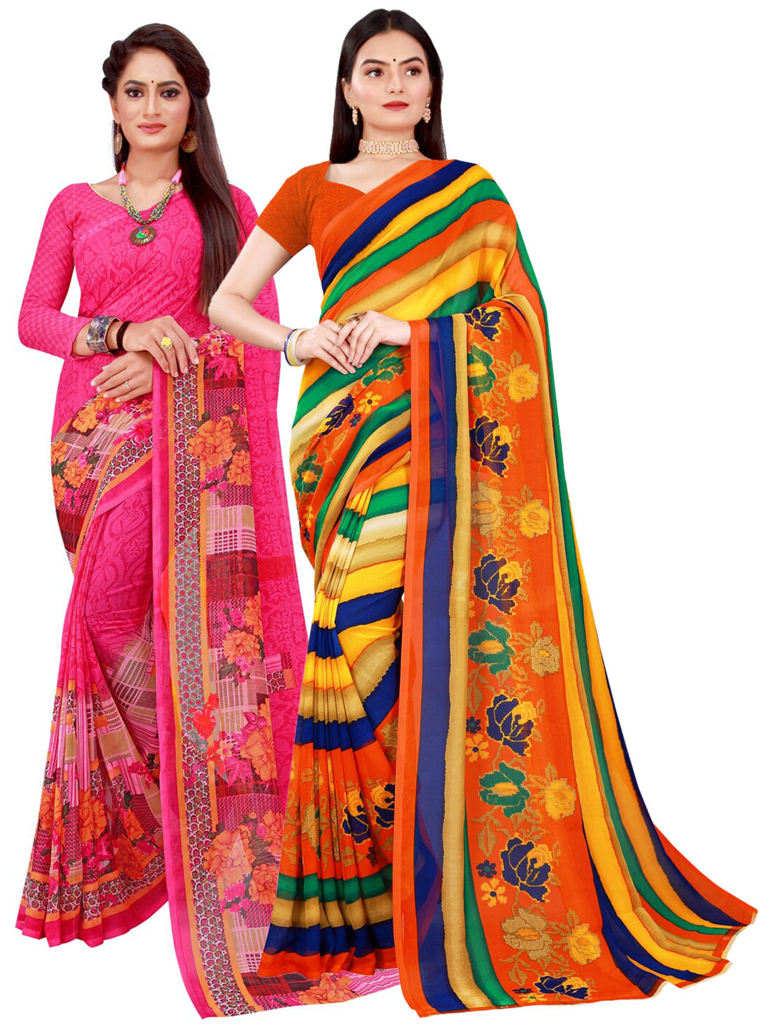 Silk Bazar Magenta & Green Pack of 2 Floral Printed Pure Georgette Sarees