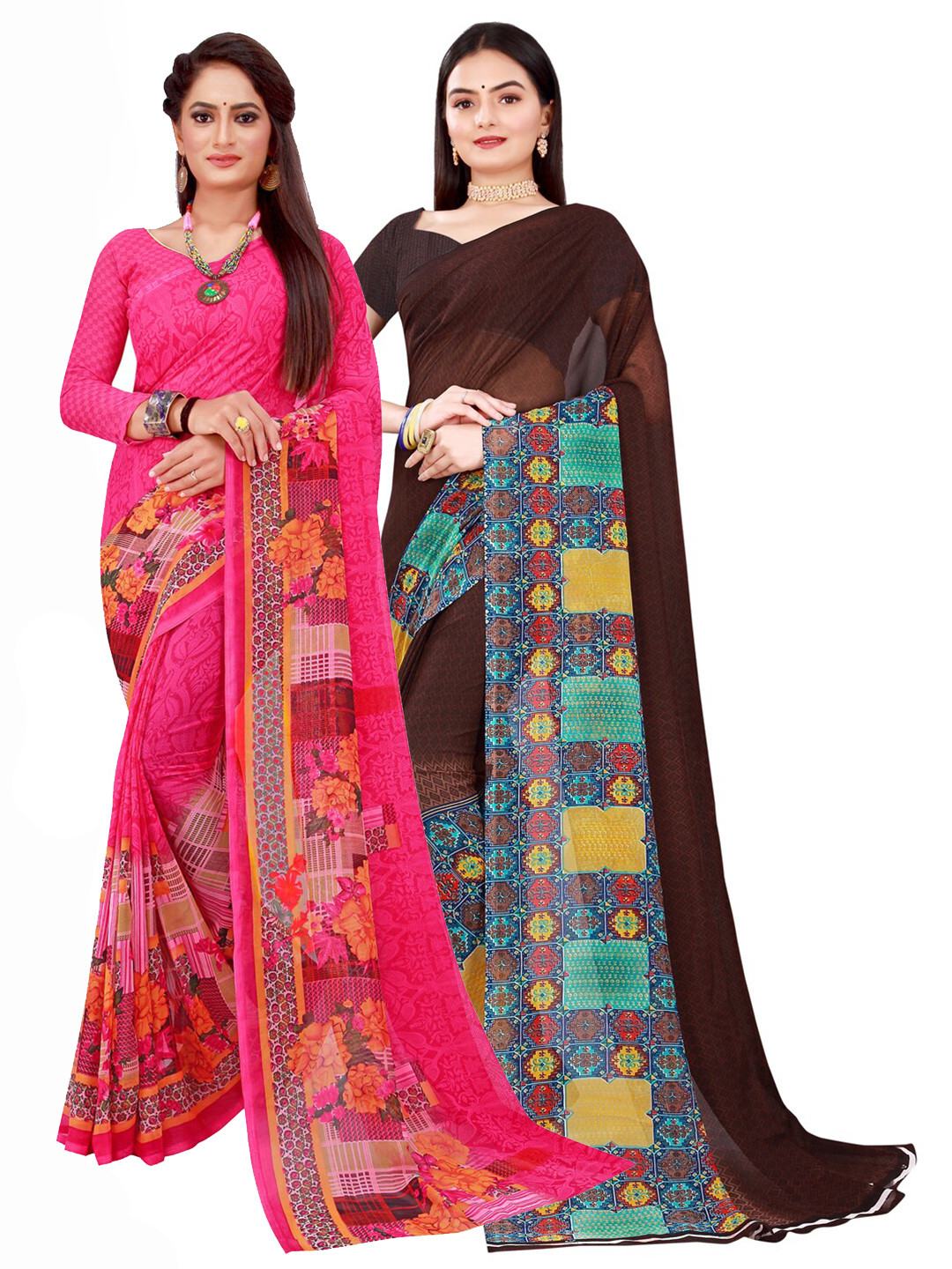 Silk Bazar Brown & Magenta Pack of 2 Floral Printed Pure Georgette Sarees