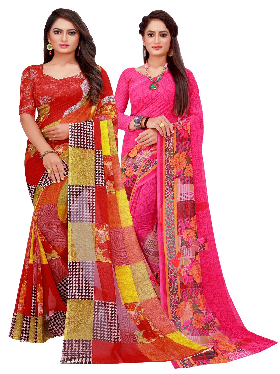 Silk Bazar Magenta & Red Pack of 2 Printed Pure Georgette Sarees