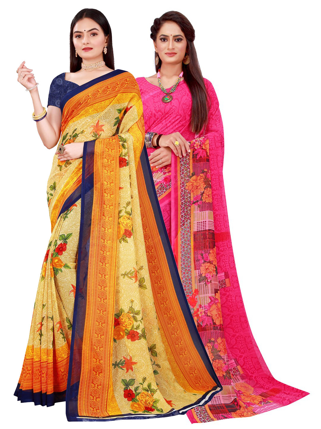 Silk Bazar Beige & Navy Blue Pack of 2 Floral Printed Pure Georgette Sarees