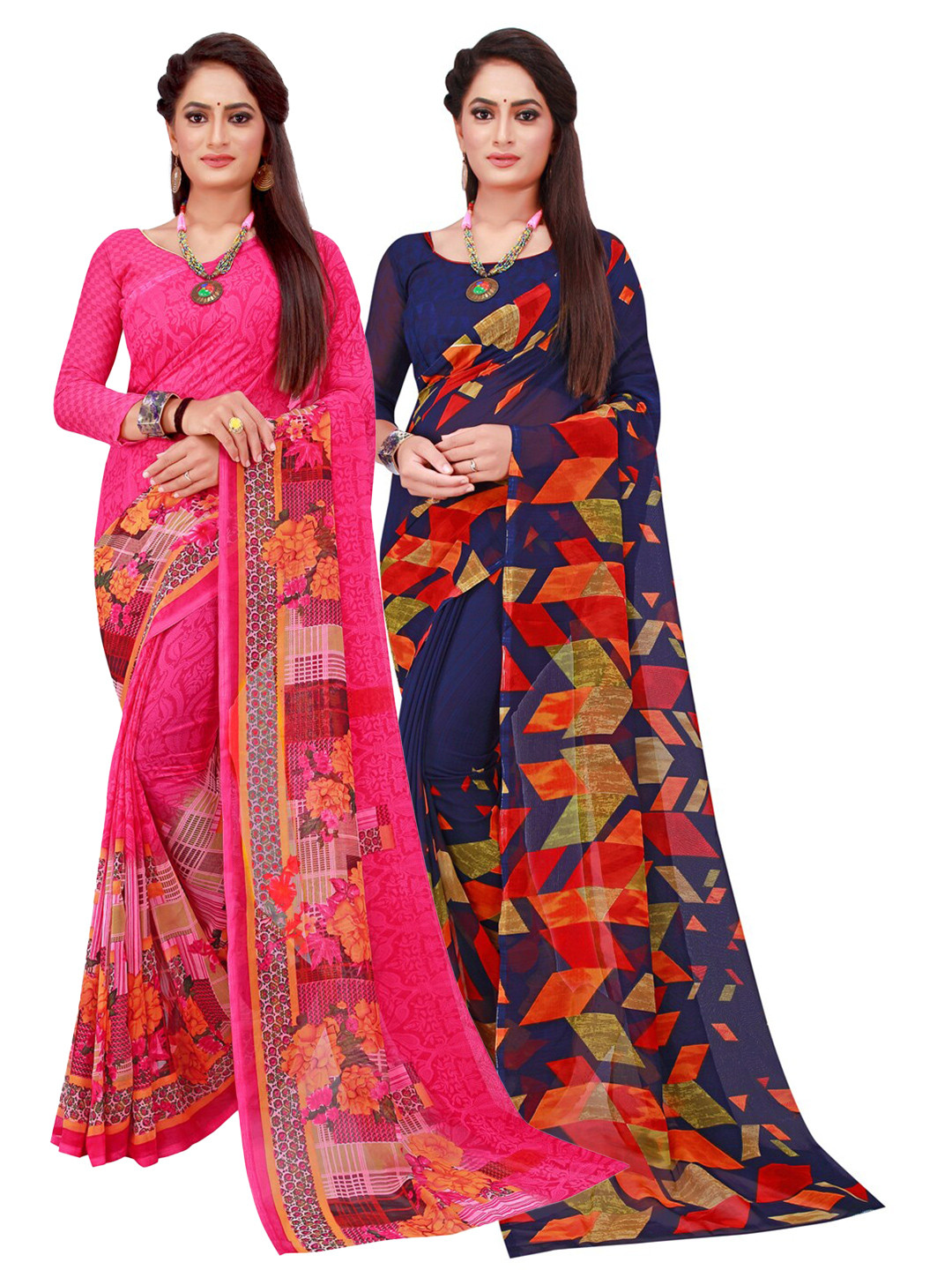 Silk Bazar Navy Blue & Red Pack of 2 Printed Pure Georgette Sarees