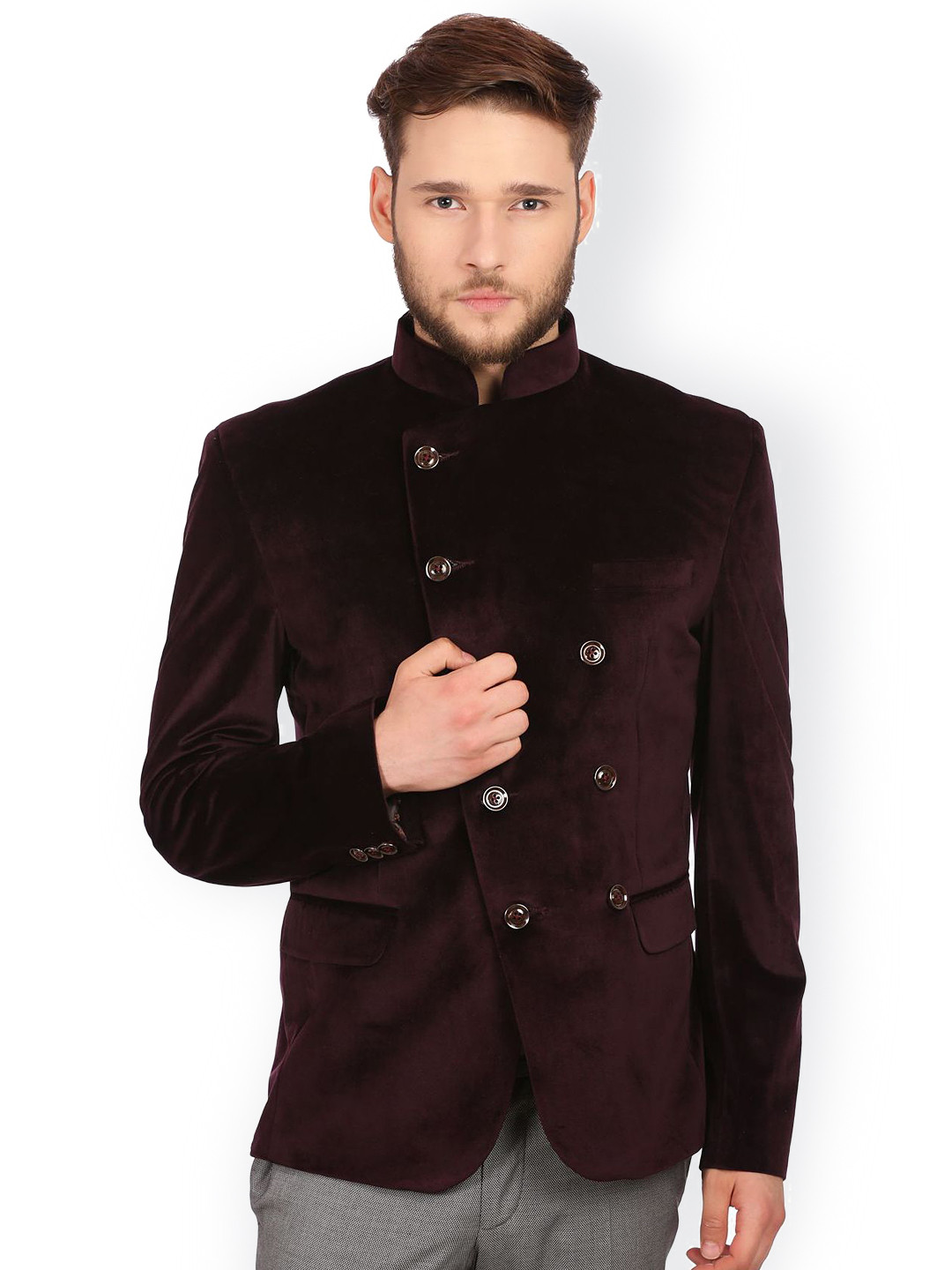 Wintage Maroon Velvet Double-Breasted Tailored Fit Ethnic Bandhgala Blazer