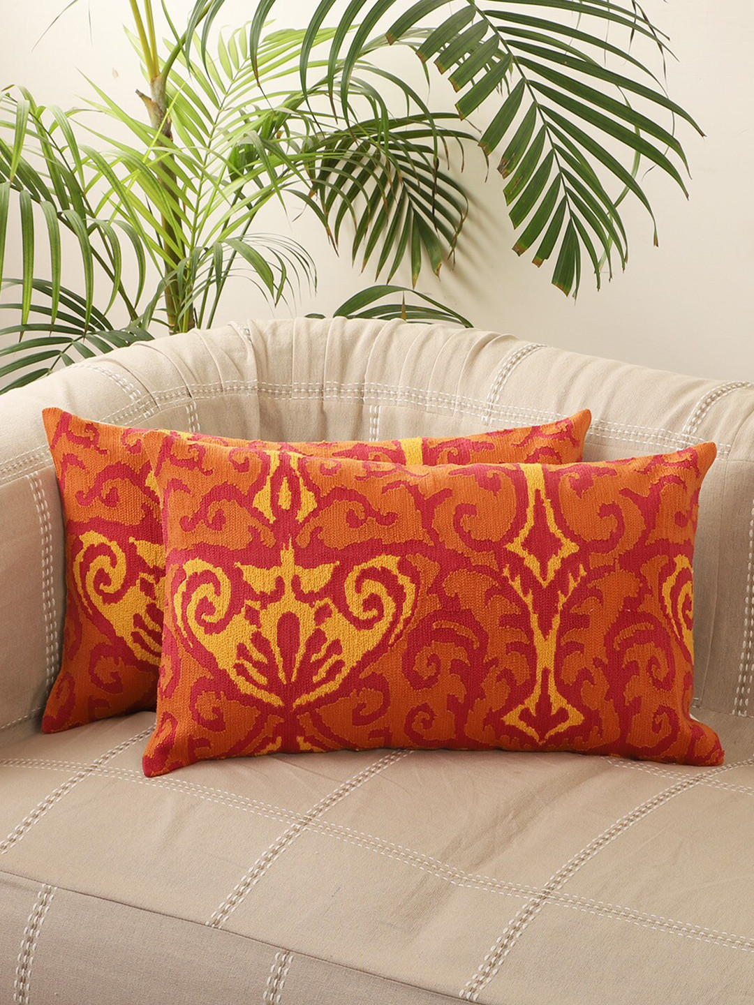 Jamio Firati Ethnic Motifs Cotton Breathable 2 Pcs Embroidered Cushion Covers - 12x20In