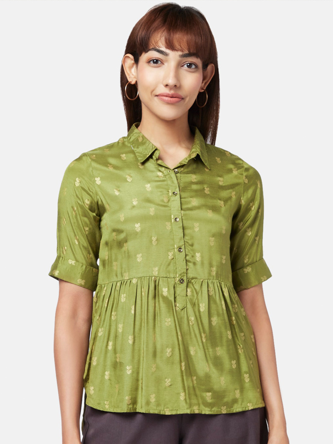 AKKRITI BY PANTALOONS Olive Green & Gold-Toned Shirt Collar Printed Tunic