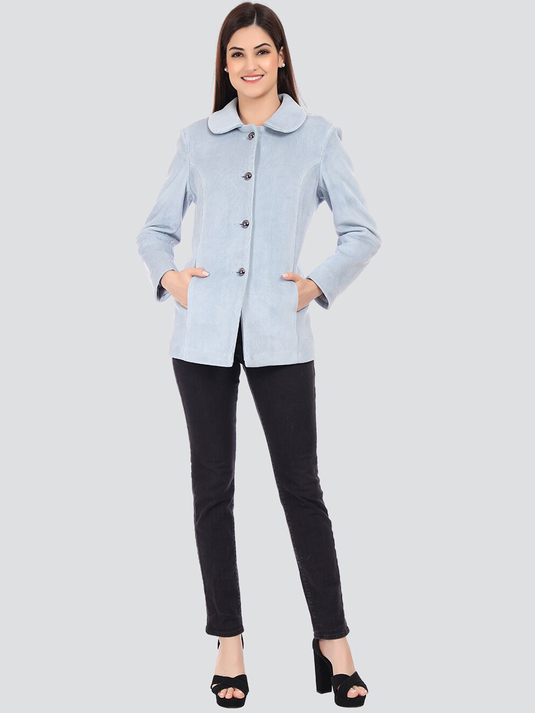 YOUNG CLUB CLASSIC Women Blue Self-Design Wool Winter Overcoat