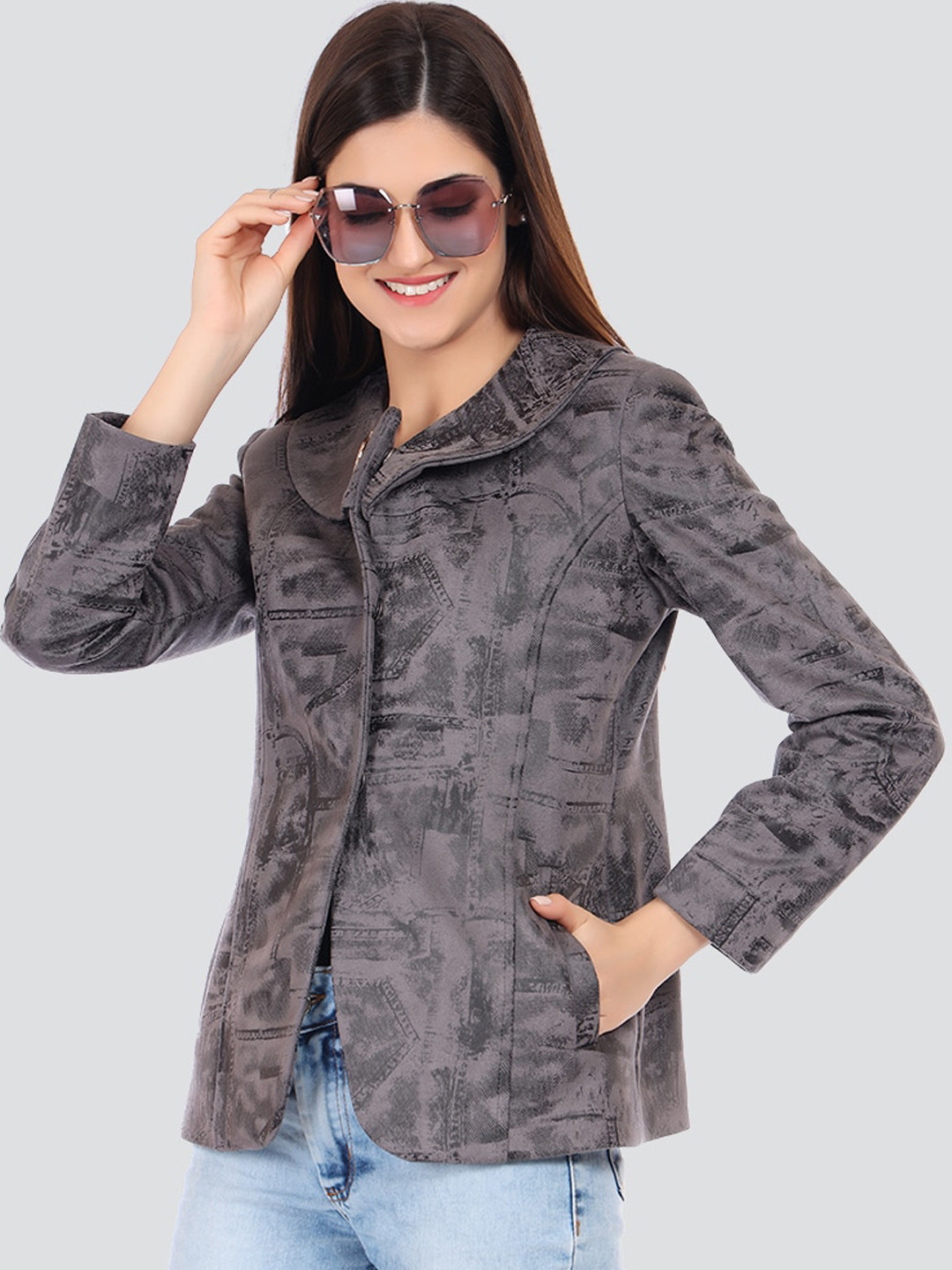 YOUNG CLUB CLASSIC Women Grey Printed Winter Overcoat