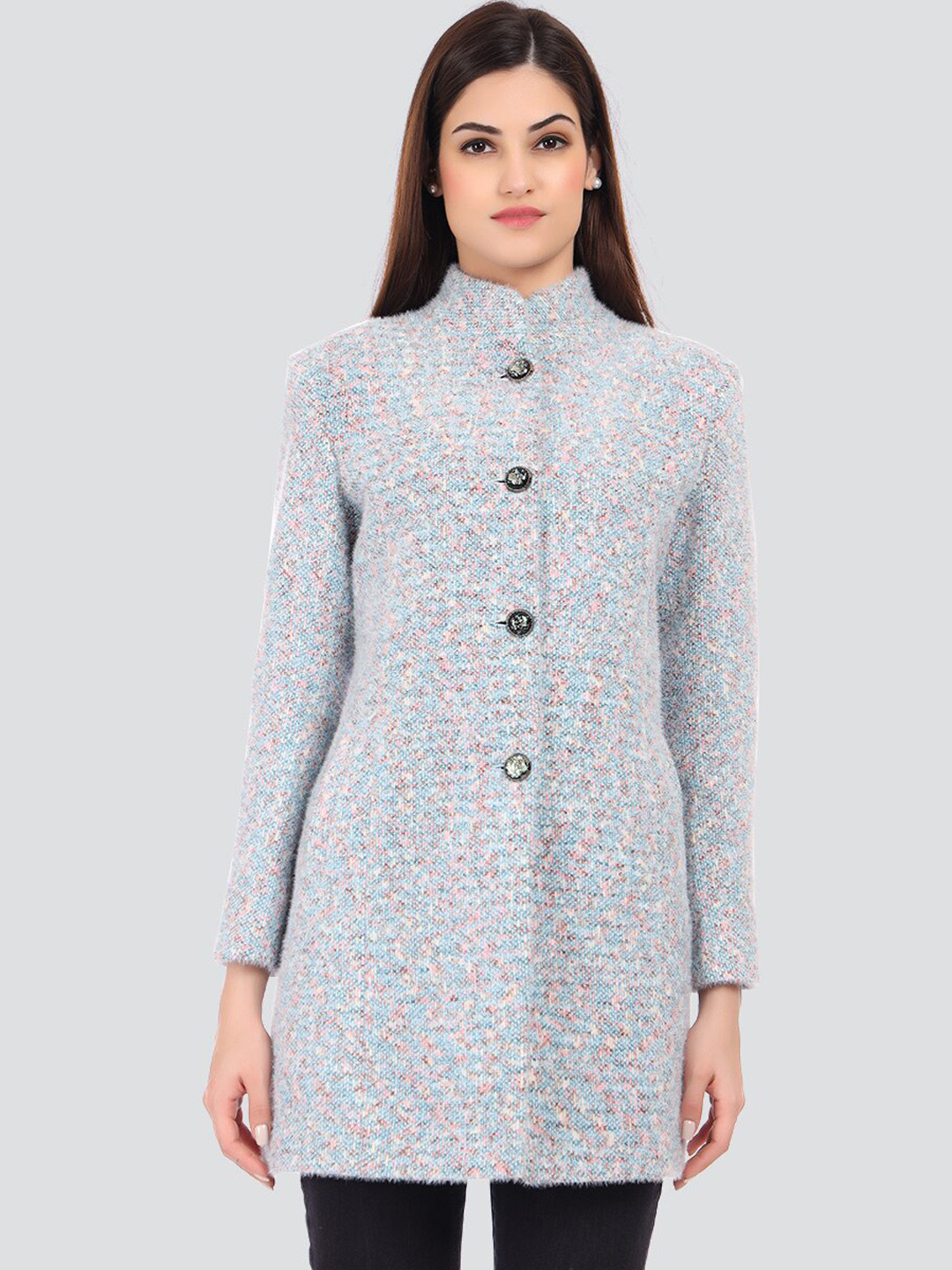 YOUNG CLUB CLASSIC Women Blue Self-Design Wool Overcoats