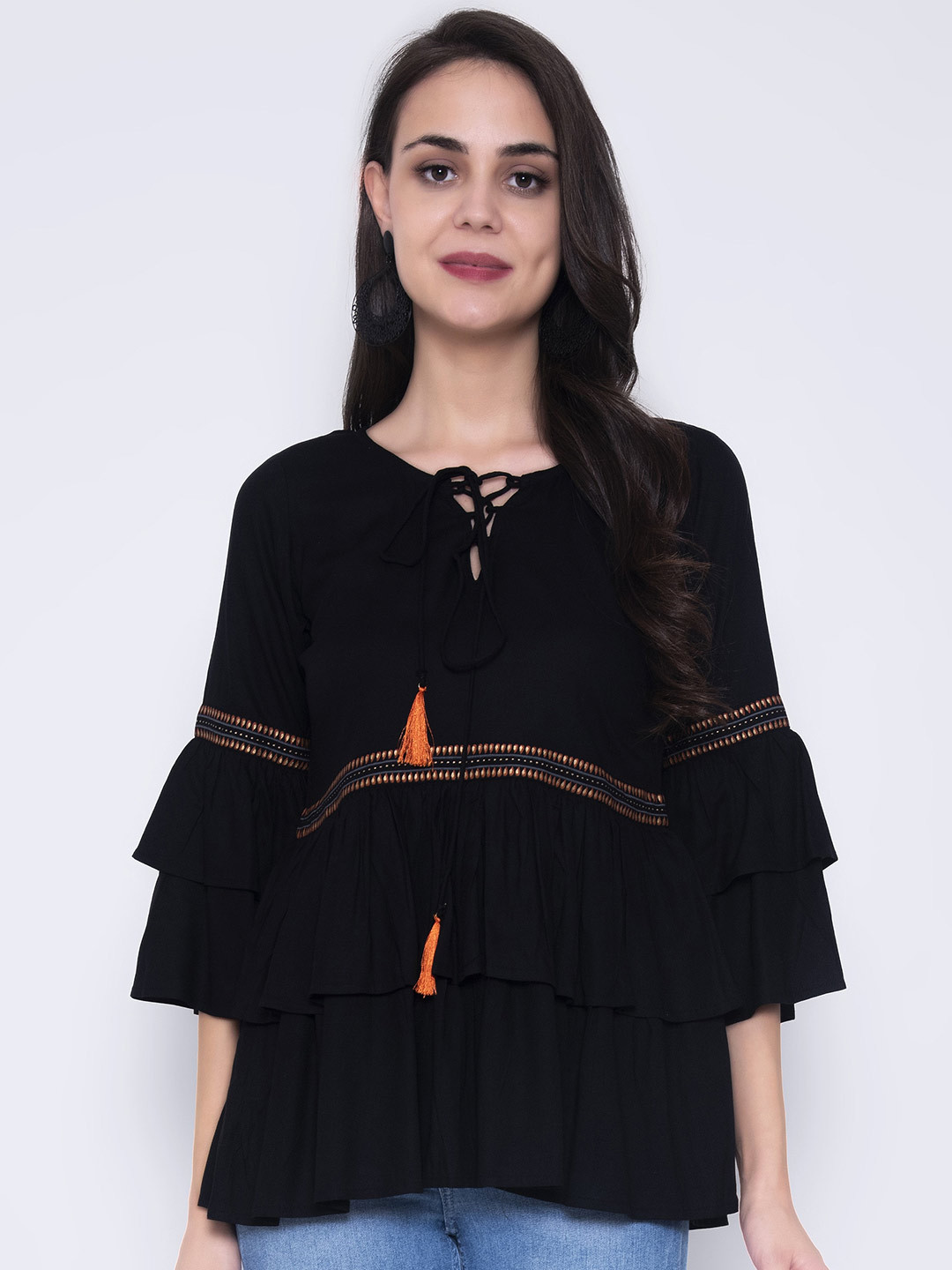 God Bless Black Tie-Up Neck Tiered Top