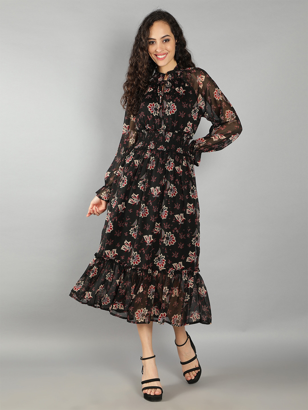 DEBONATELLA Black & Maroon Floral Printed Georgette Fit and Flare Midi Dress