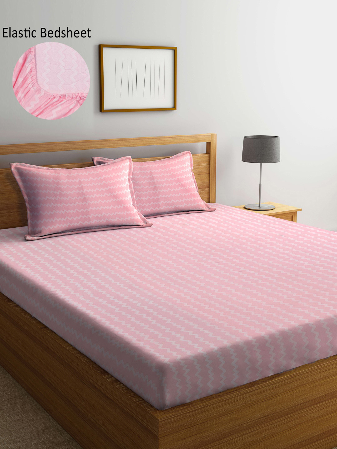 Arrabi Pink Chevron Polycotton 300 TC Fitted King Fine Bedsheet with 2 Pillow Covers-250 x 215 cm