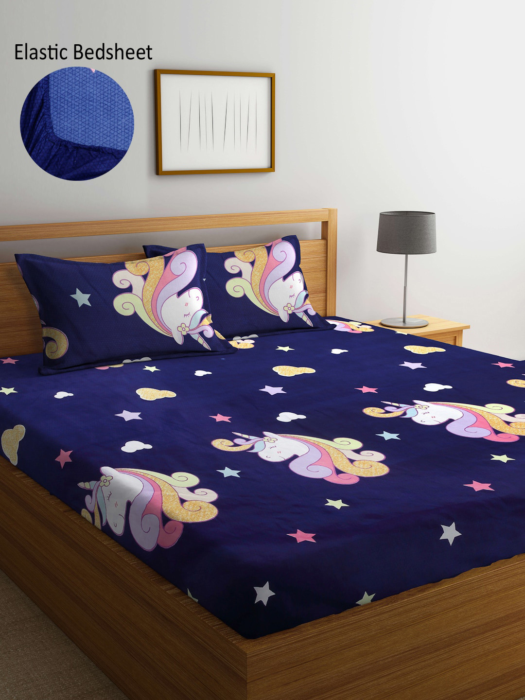 Arrabi Blue Cartoon Characters Cotton 300 TC Fitted King Fine Bedsheet with 2 Pillow Covers-98 x 85 inches