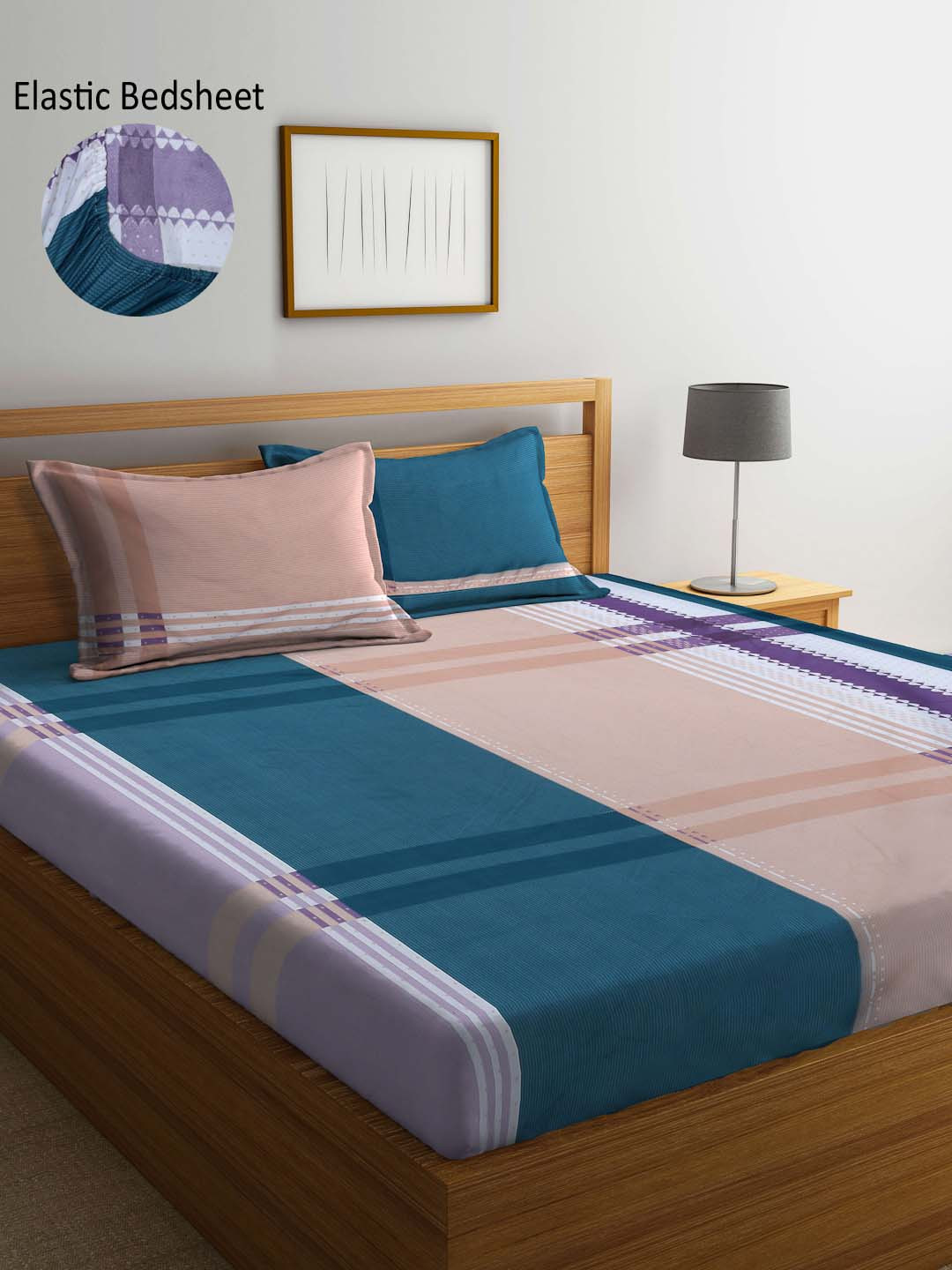 Arrabi Teal Checked Polycotton 300 TC Fitted King Fine Bedsheet with 2 Pillow Covers-87 x 98 inches