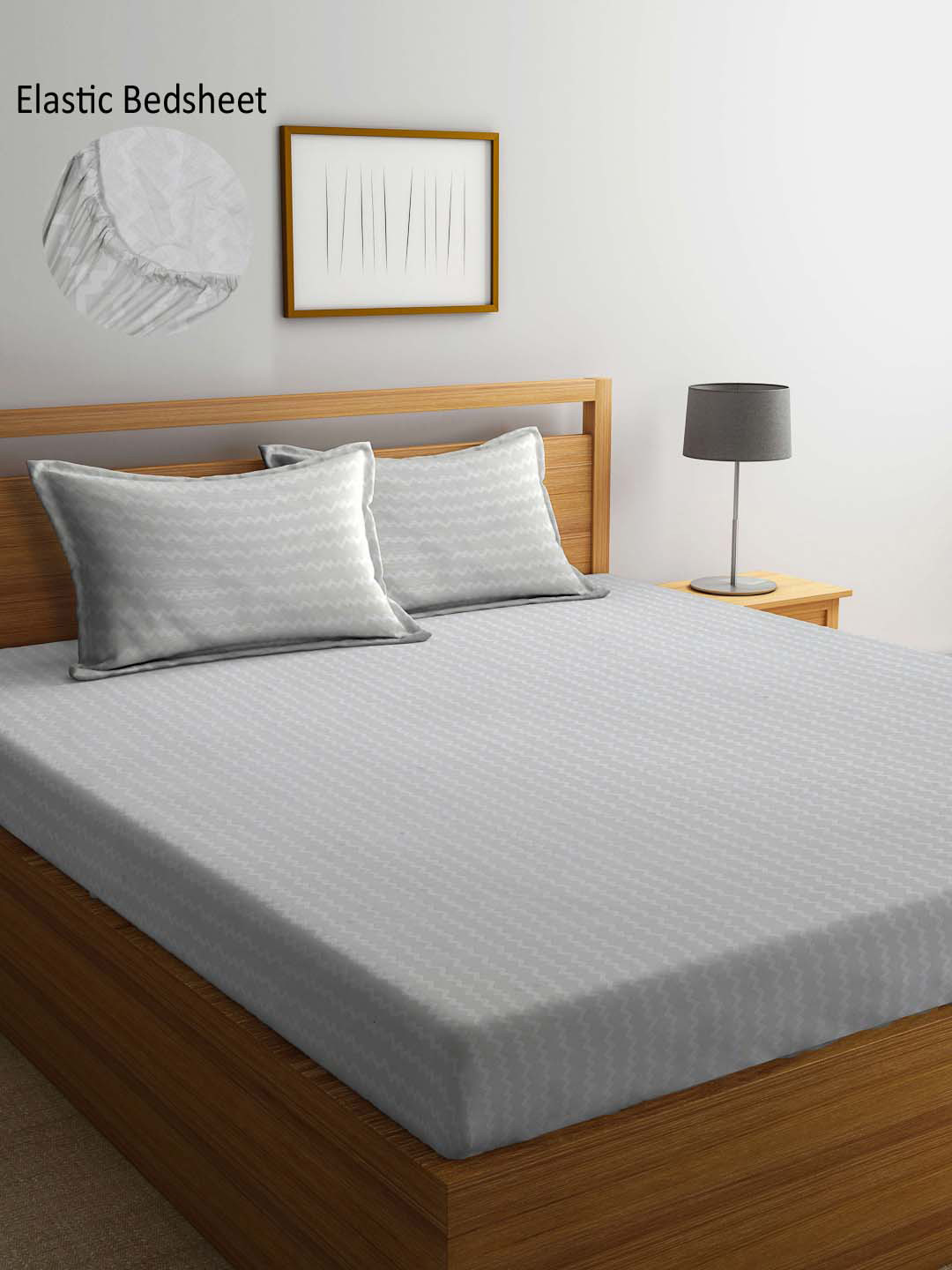 Arrabi Grey Chevron Polycotton 300 TC Fitted King Fine Bedsheet with 2 Pillow Covers-98 x 87 inches
