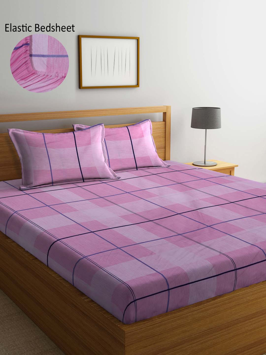 Arrabi Amaze Pink Geometric Cotton 300 TC Fitted King Fine Bedsheet with 2 Pillow Covers-250 x 220 cm