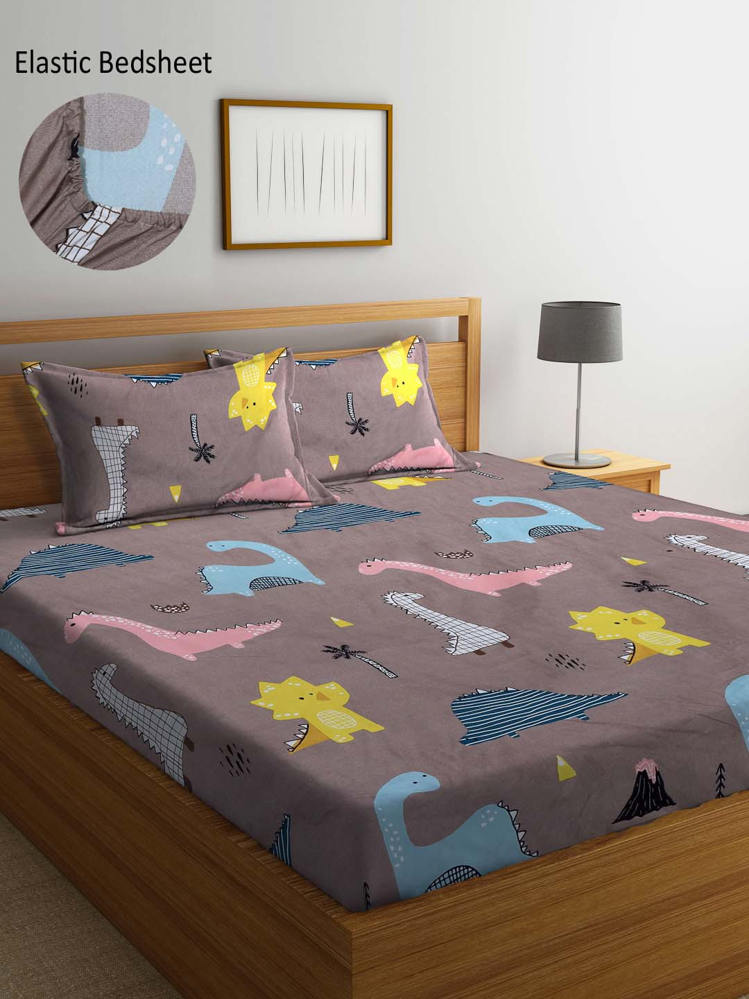Arrabi Brown Cartoon Characters Polycotton 300 TC Fitted King Fine Bedsheet with 2 Pillow Covers-254 x 218.44 cm