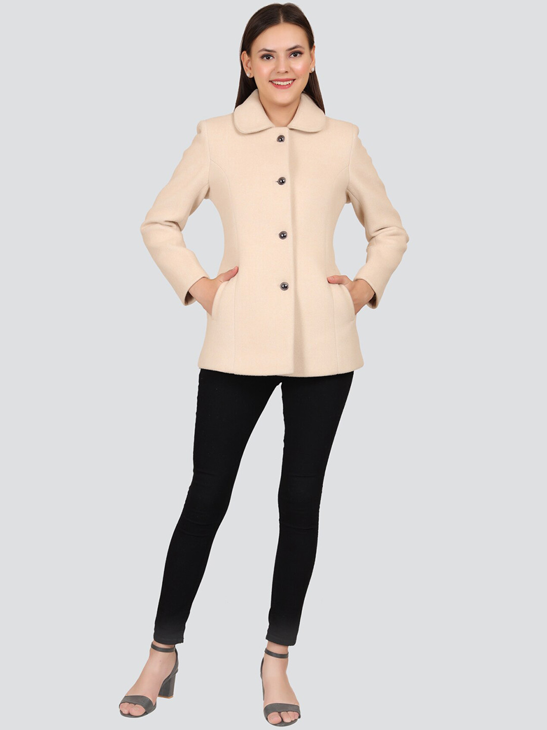 YOUNG CLUB CLASSIC Women Cream-Colored Pea Coat