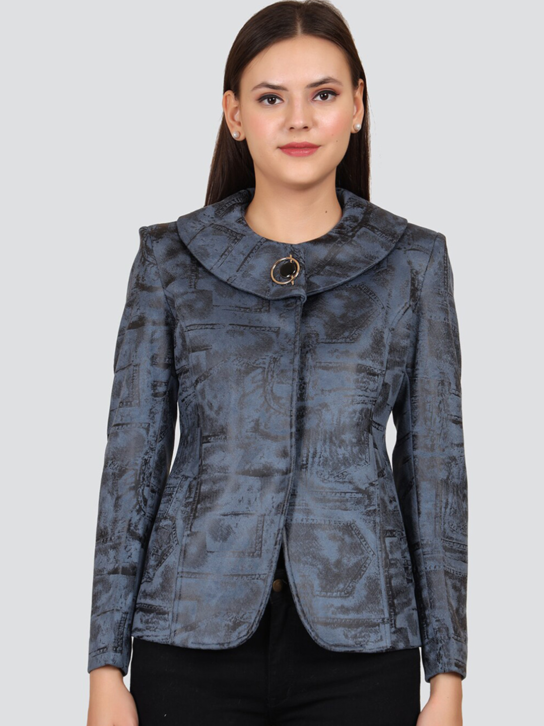 YOUNG CLUB CLASSIC Women Blue Printed Overcoat
