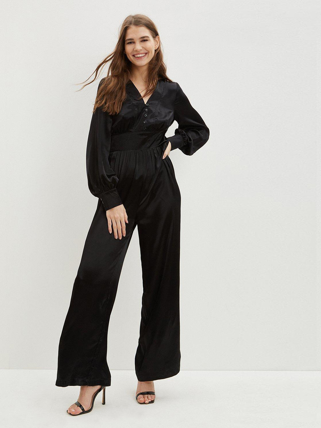 DOROTHY PERKINS Black Solid Satin Empire Button Jumpsuit