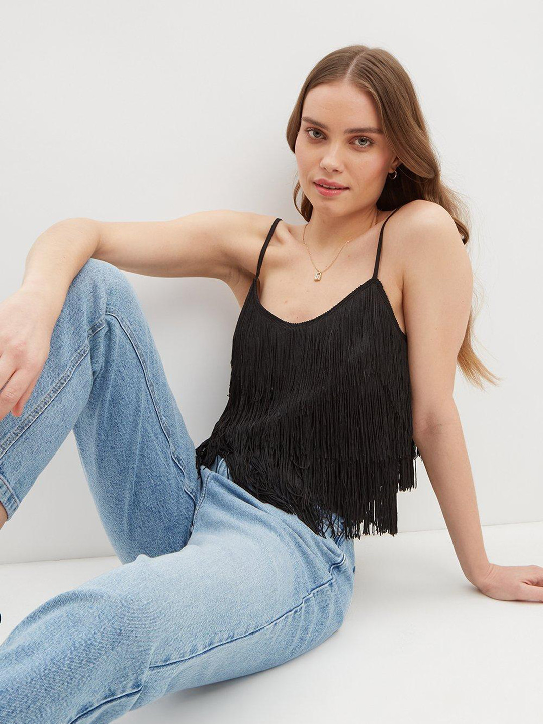 DOROTHY PERKINS Black Solid Tassel Trim Top