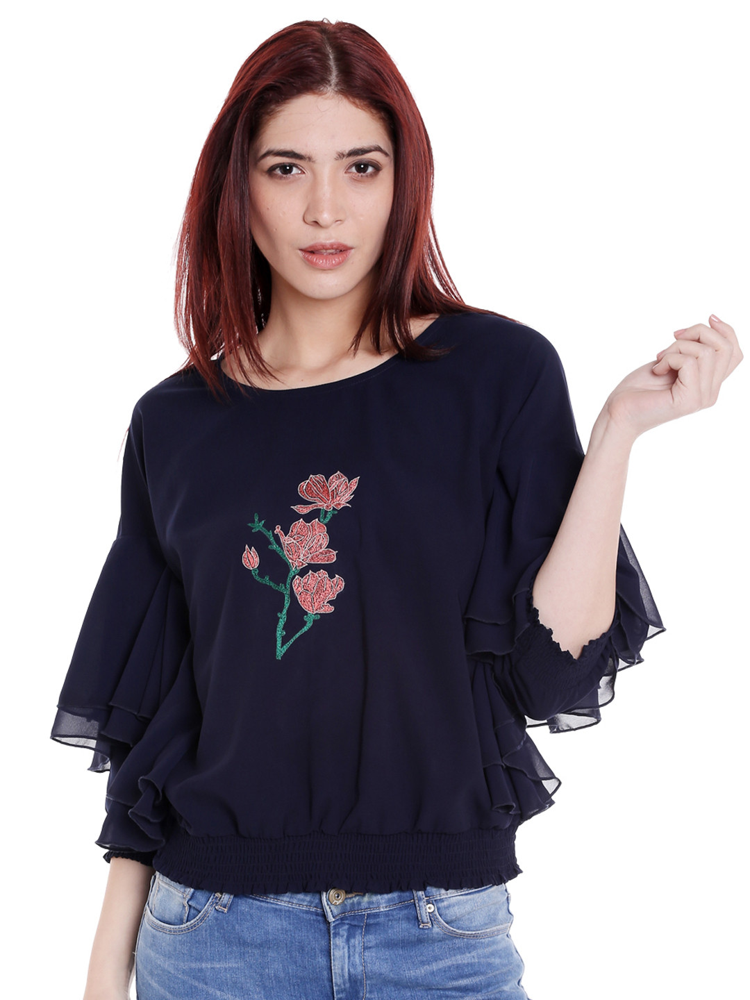 Noi Women Navy Blue Rose Embroidered Blouson Top