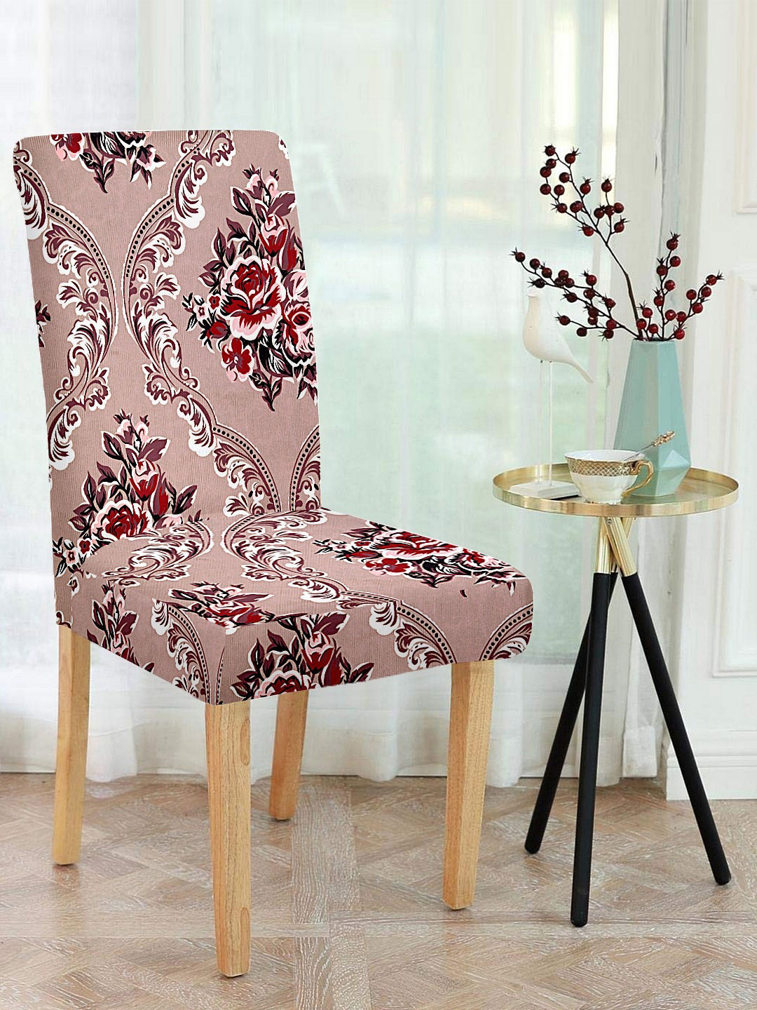 Cortina Peach & Maroon Floral Printed Chair Cover