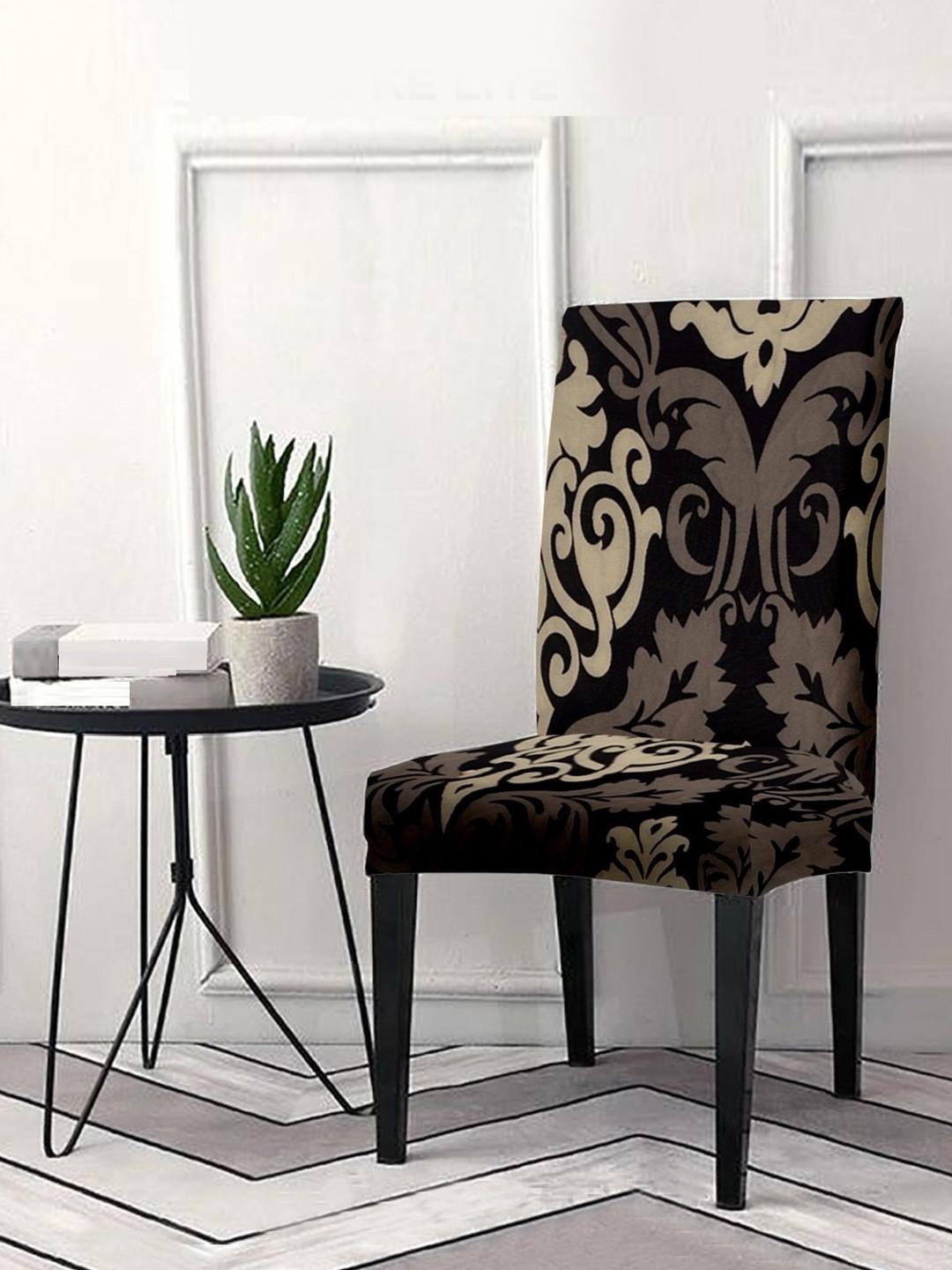 Cortina Black & Beige Printed Super Stretchable Chair Cover