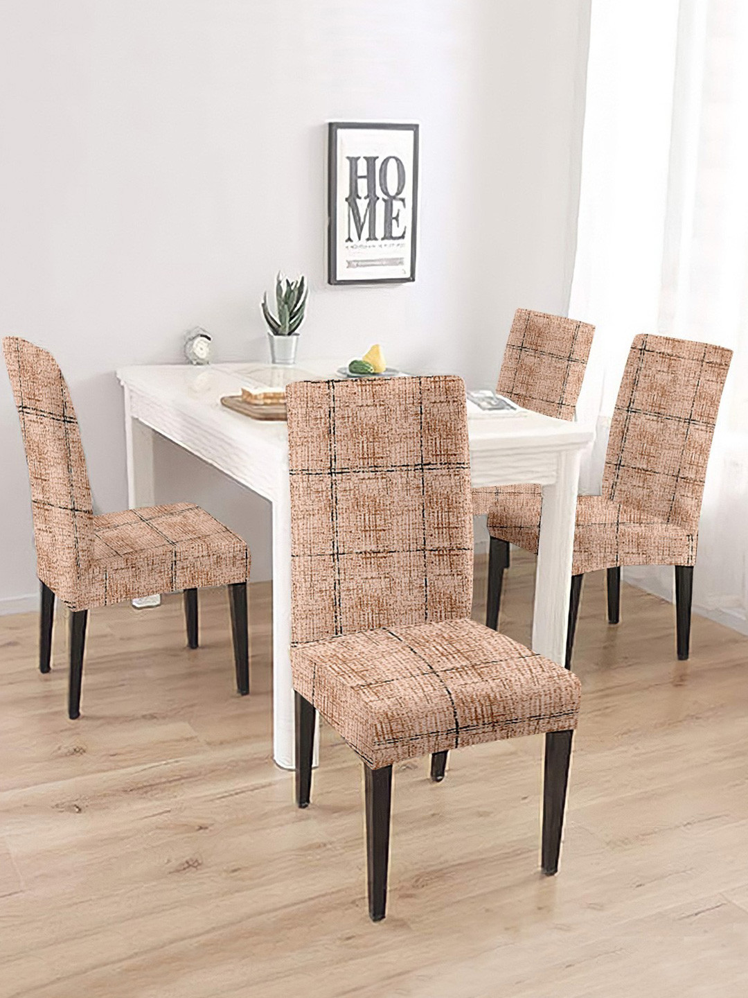 Cortina Set Of 4 Beige & Black Checked Super Stretchy Chair Covers