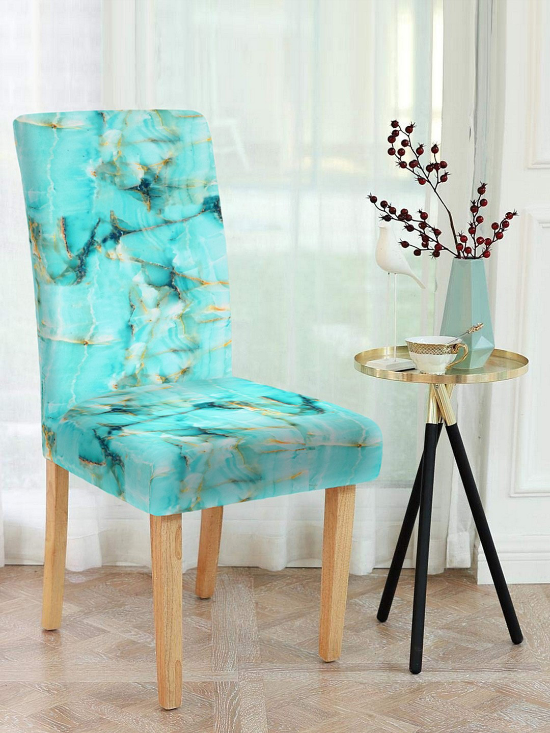 Cortina Teal & Gold Printed Super Stretchable Chair Cover