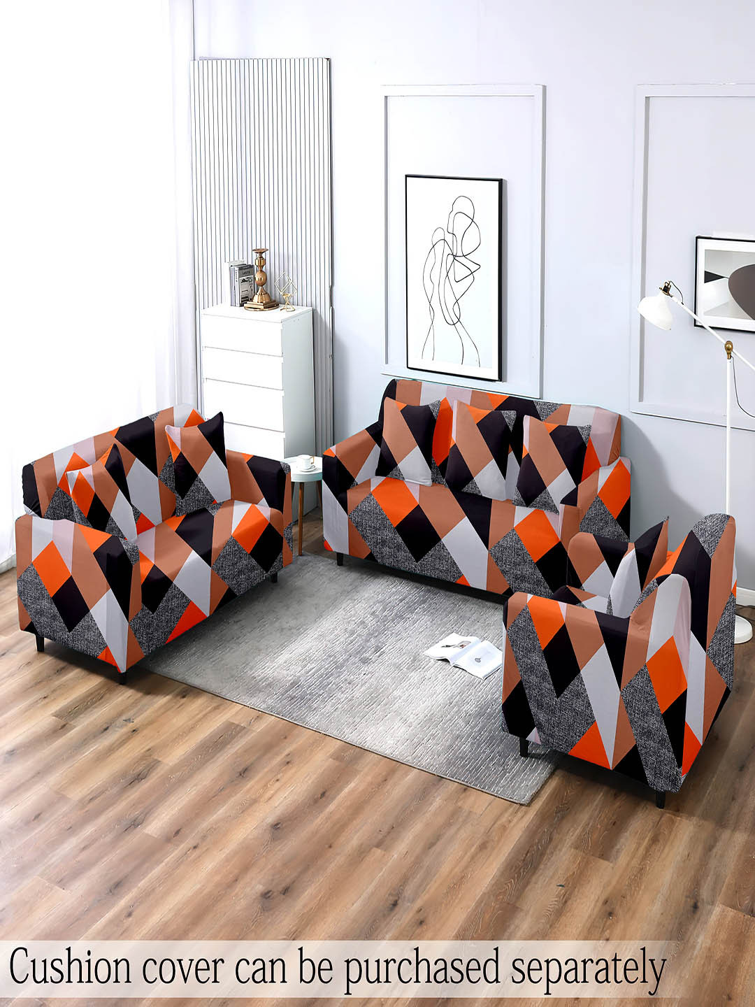 Cortina Orange & Black Printed 5 Seater Sofa Cover