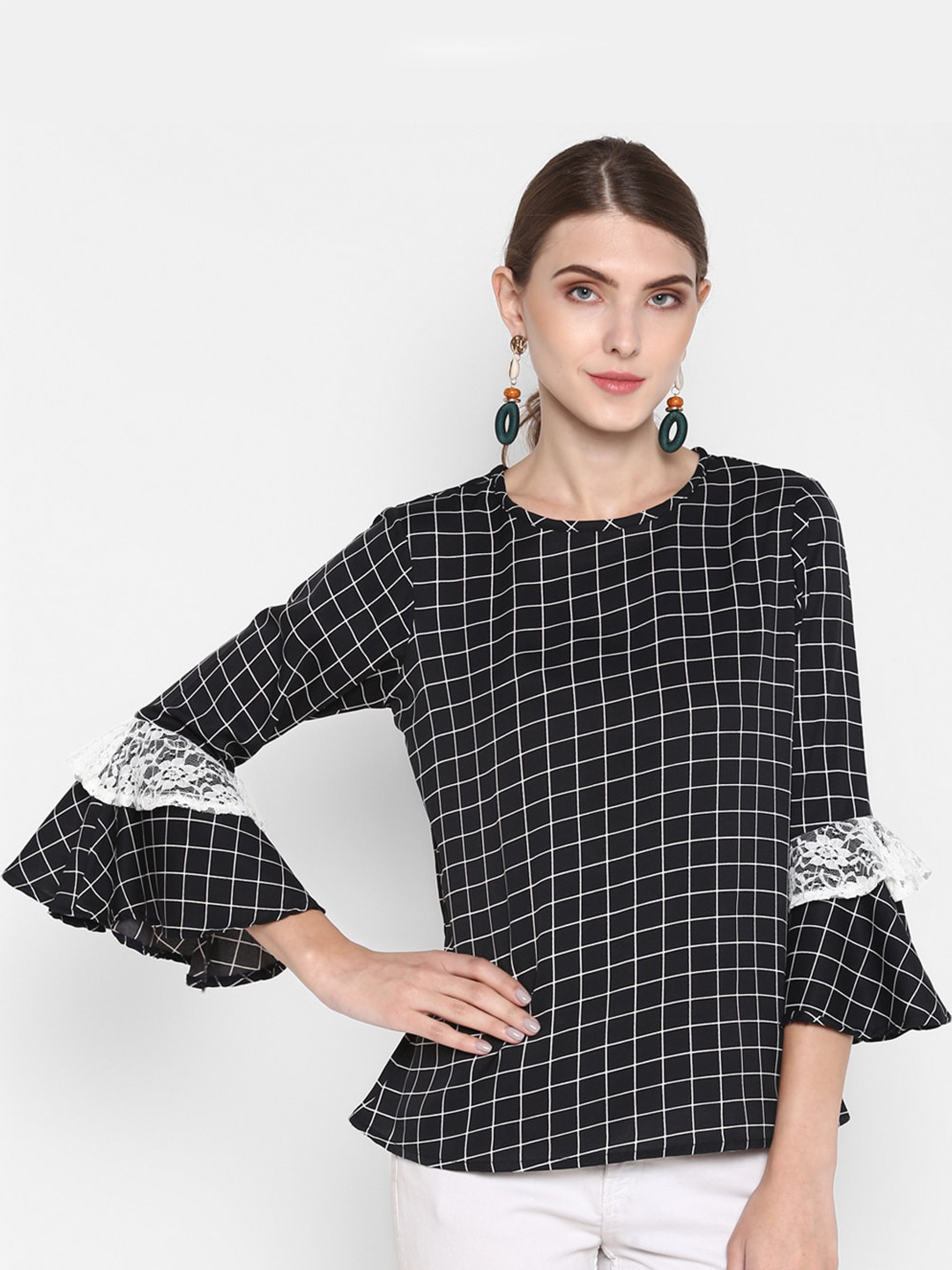 Indietoga Women Checkered Crepe Bell Sleeve Top