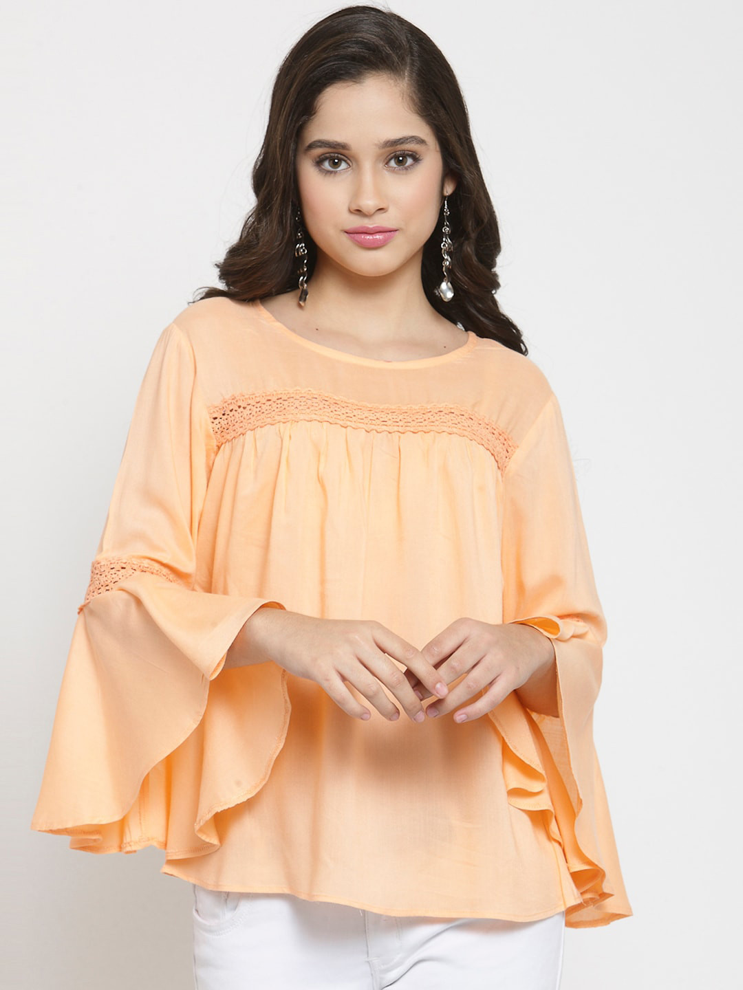 Indietoga Peach Long Bell Sleeves Lace Top