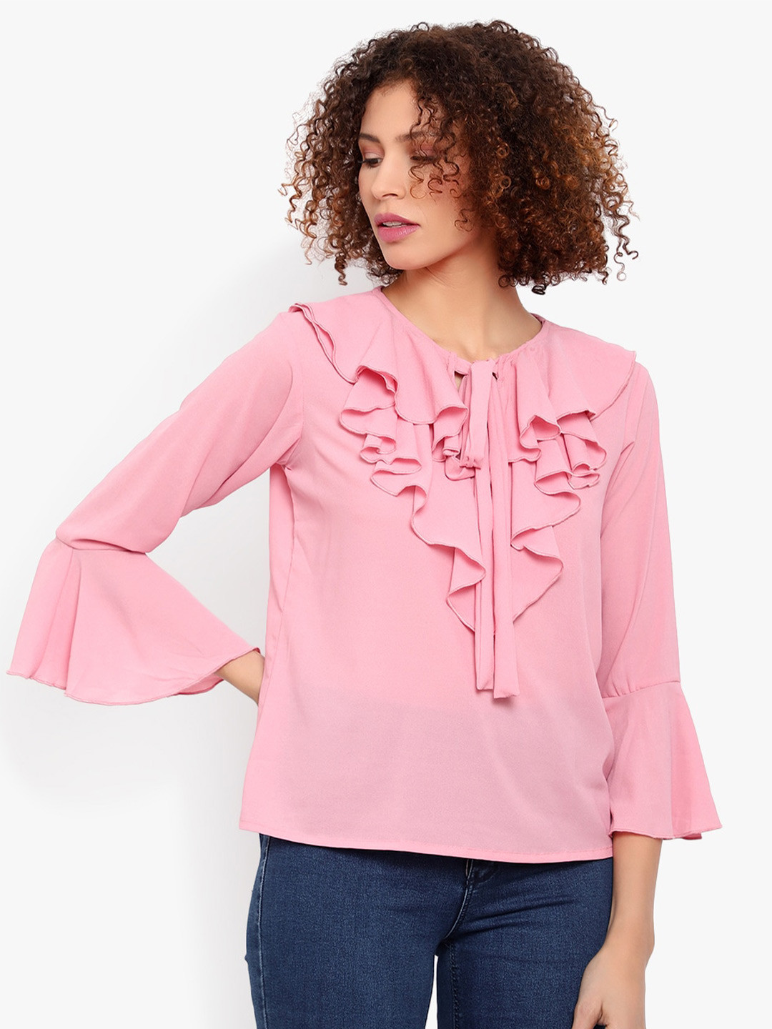 Indietoga Women Bell Sleeve Ruffles Georgette Tie-Up Top