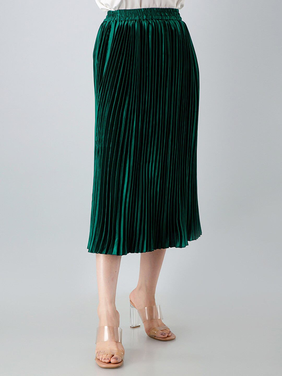 Fuchsia  Green Flared Accordion Pleated Midi Skirt
