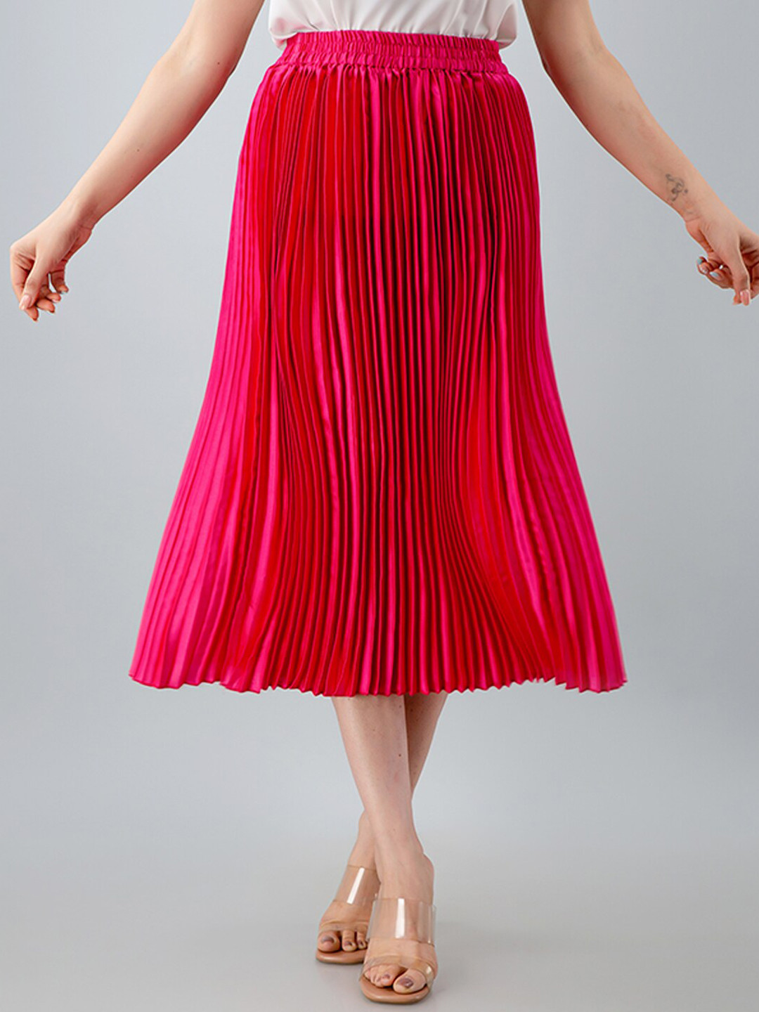 Fuchsia  Pink Accordion Pleated Flared Midi Skirt