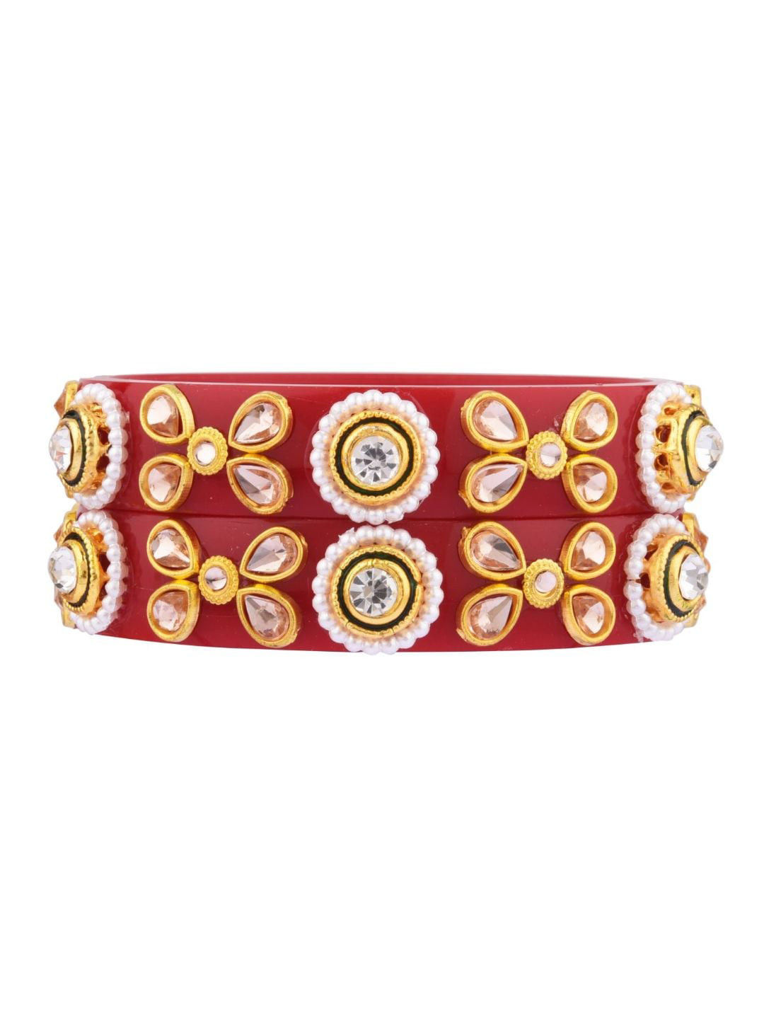 Efulgenz Red Set Of 2 Gold-Plated Crystals-Studded Bangle