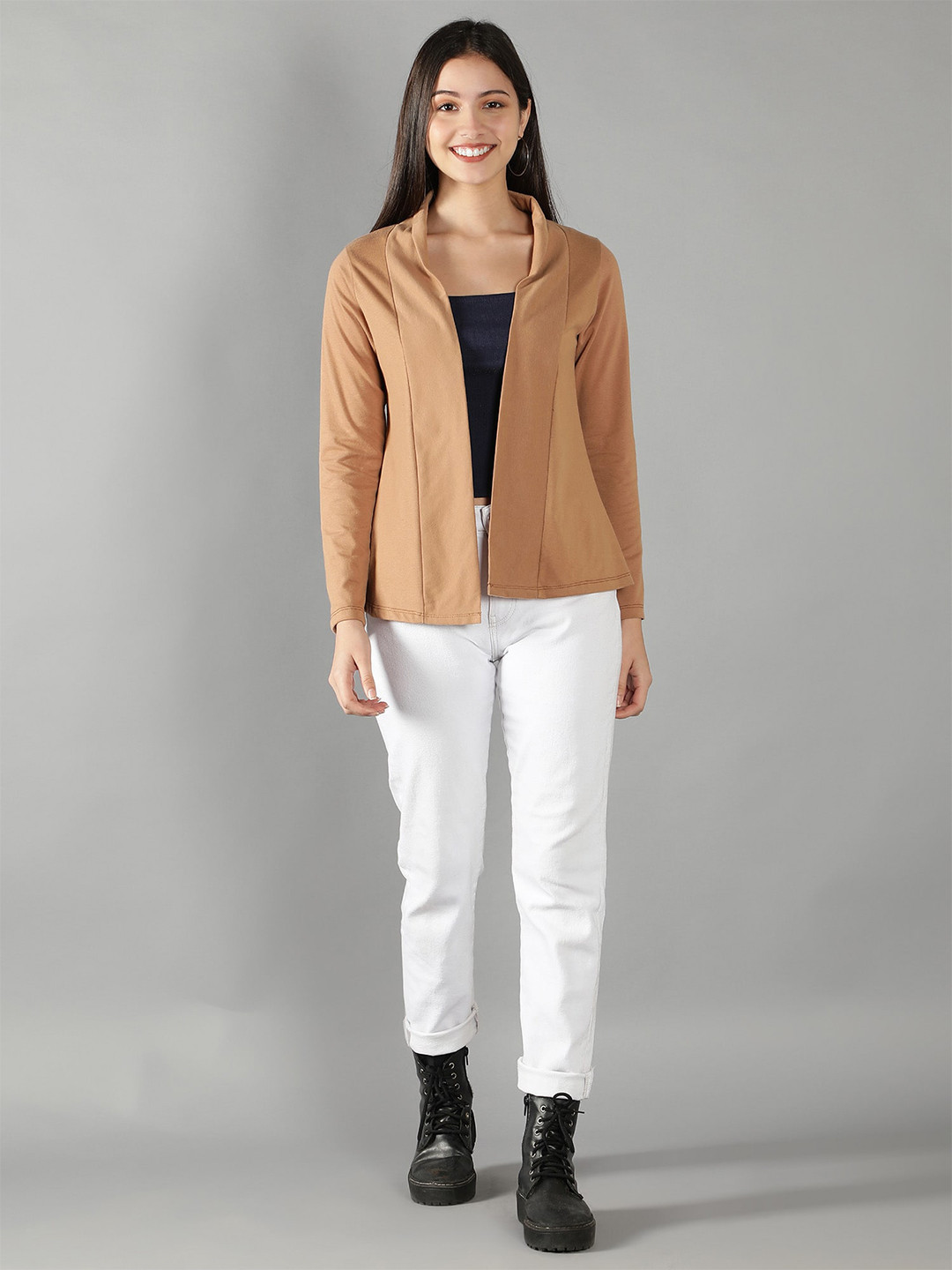 Nimble Women Beige Open Front Cotton Shrug