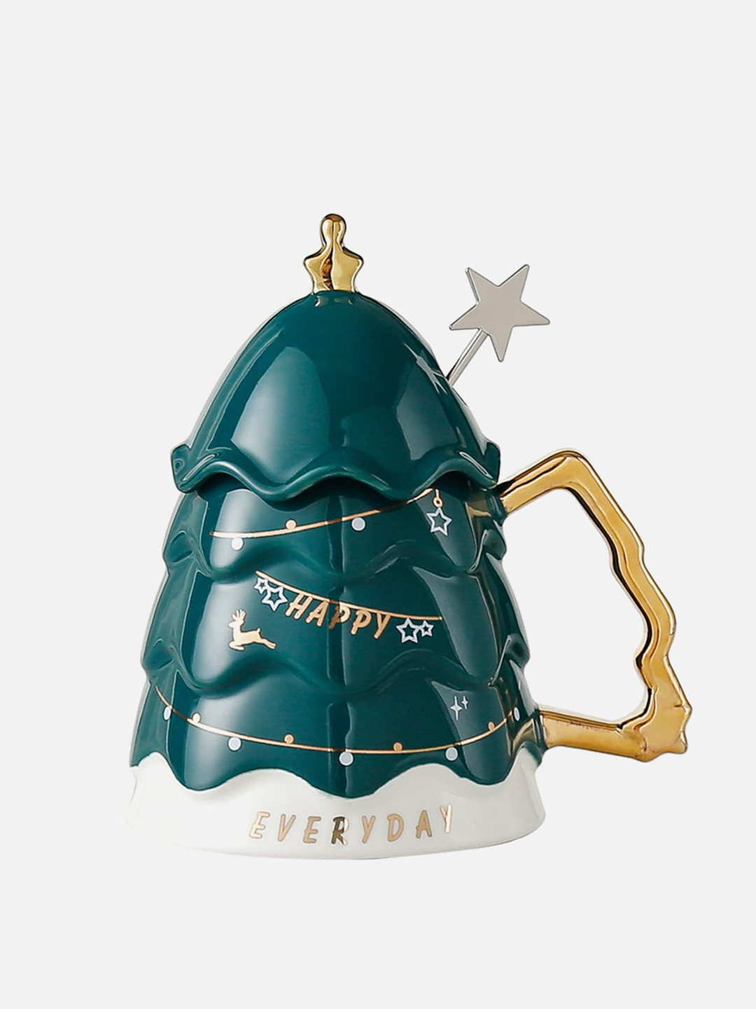 Little Surprise Box LLP Green & White Christmas Tree Ceramic Mug With Lid & Spoon