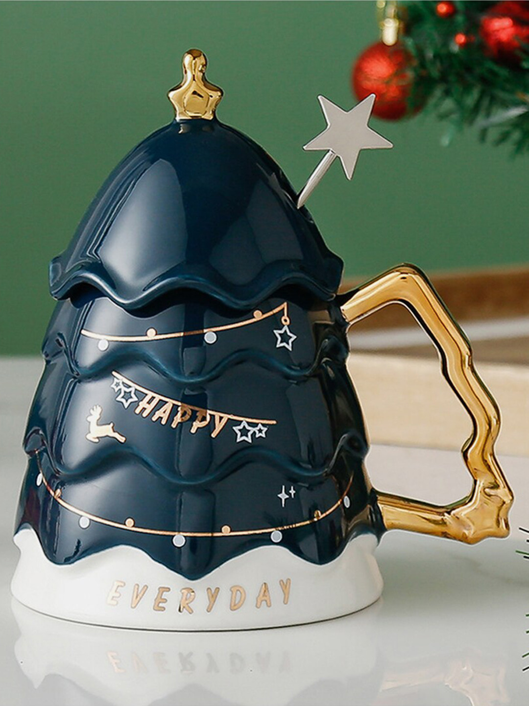 Little Surprise Box LLP Blue Printed Ceramic Mug With Spoon Festive Decor 330 ml