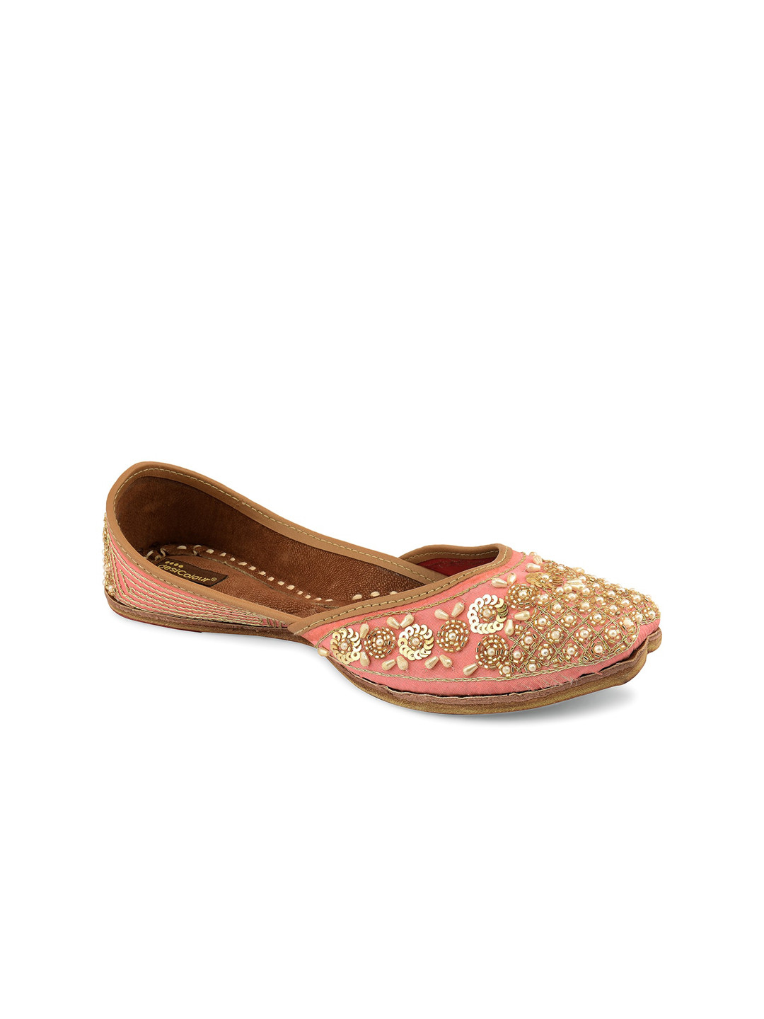 DESI COLOUR Women Peach & Gold Embellished Leather Ethnic Mojaris Flats