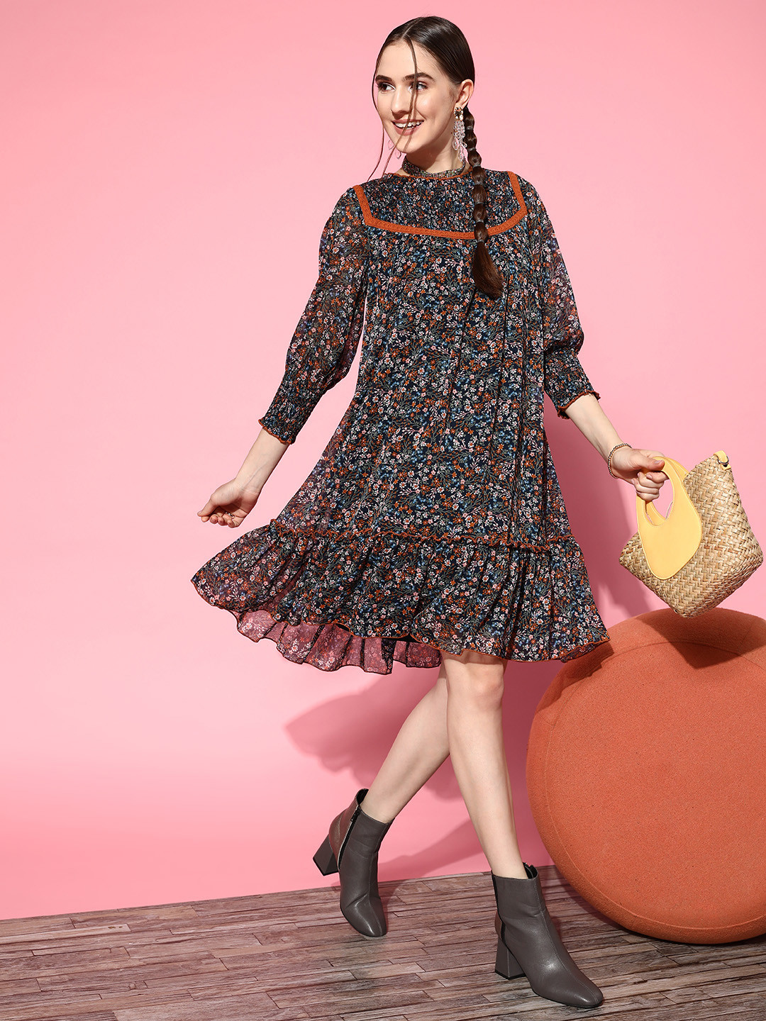 Antheaa Multicoloured Floral Print Chiffon A-Line Knee Length Dress