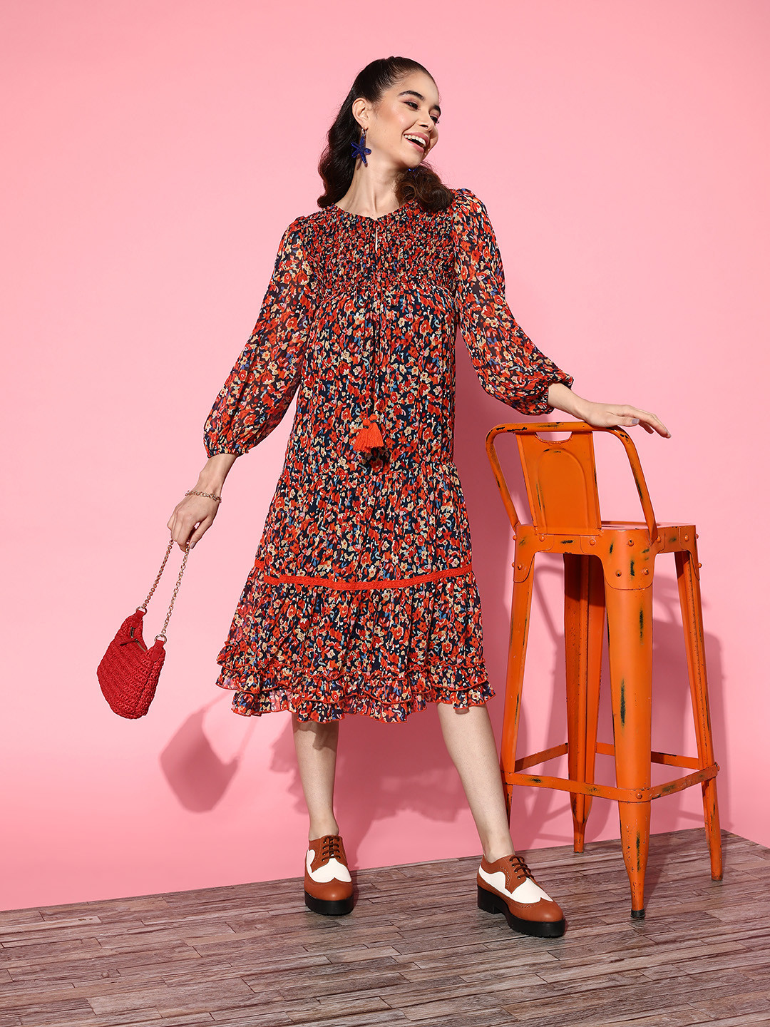 Antheaa Navy Blue & Orange Floral Print Chiffon A-Line Knee Length Dress