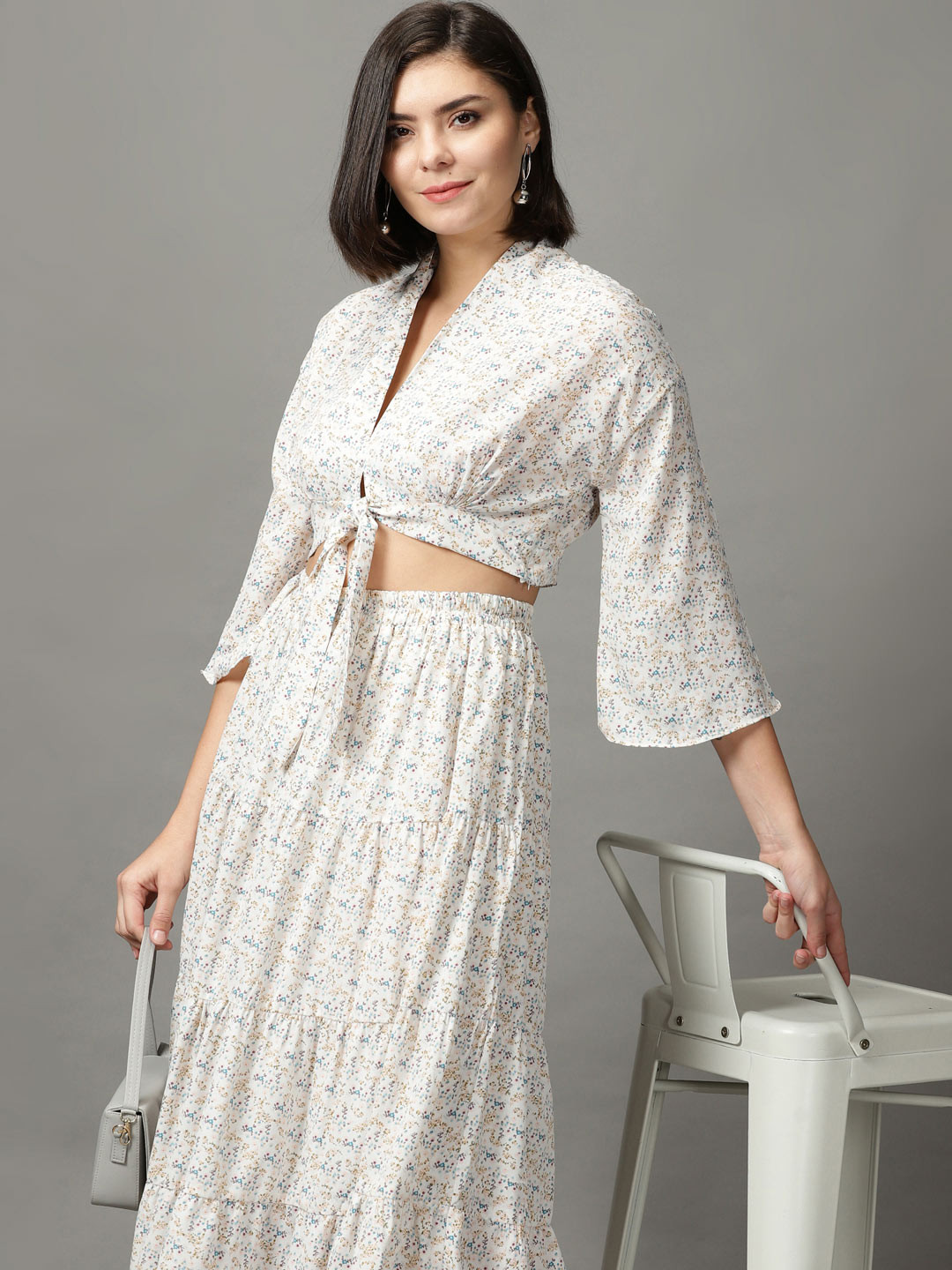 SHOWOFFFF Women Off White Printed Top With Skirt Co-Ords
