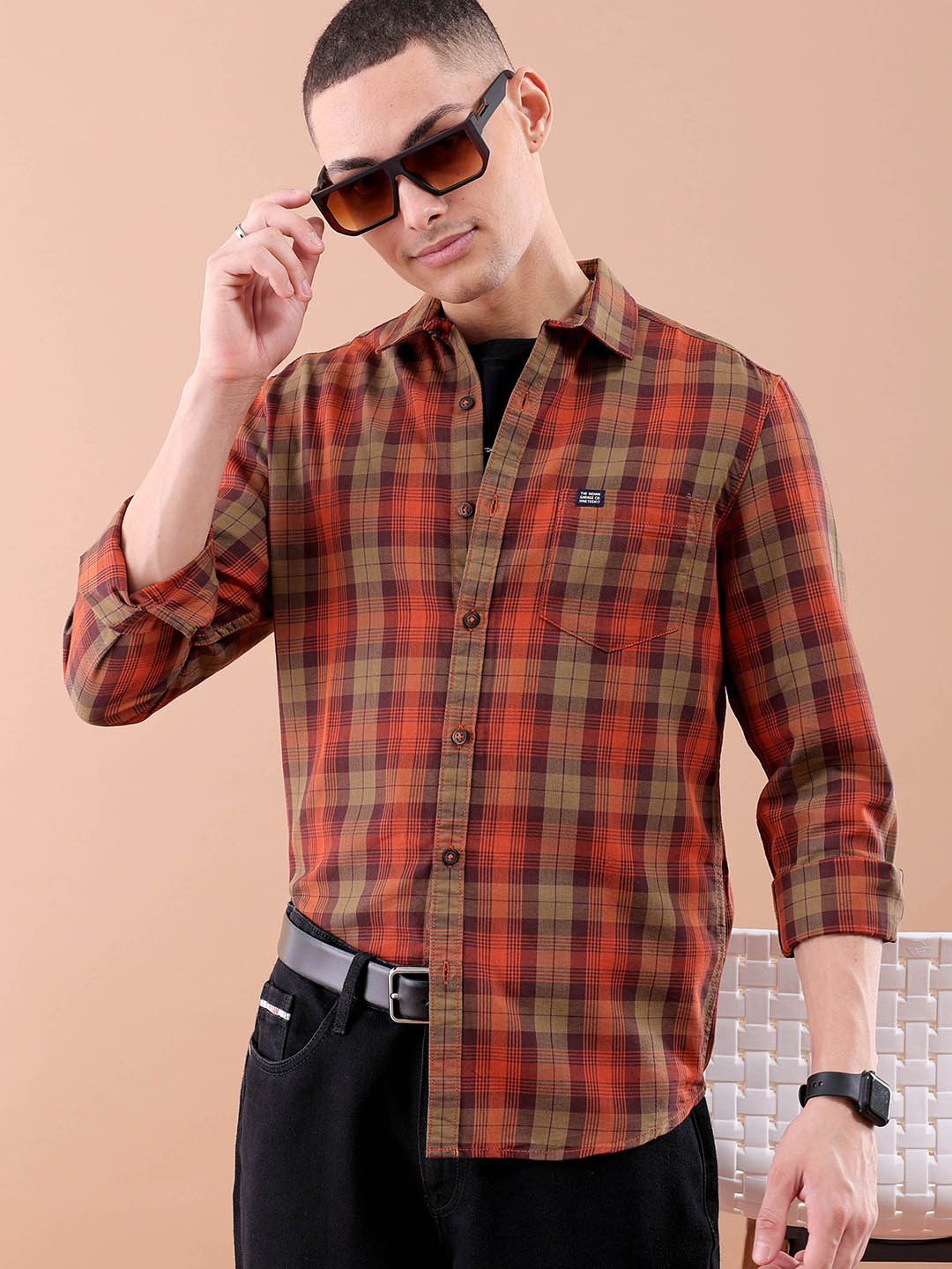 The Indian Garage Co Tartan Checked Pure Cotton Casual T-Shirt