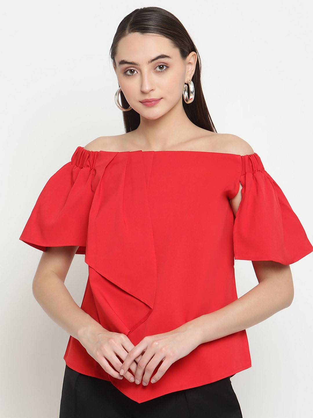 Be Indi Red Off-Shoulder Crepe Bardot Top
