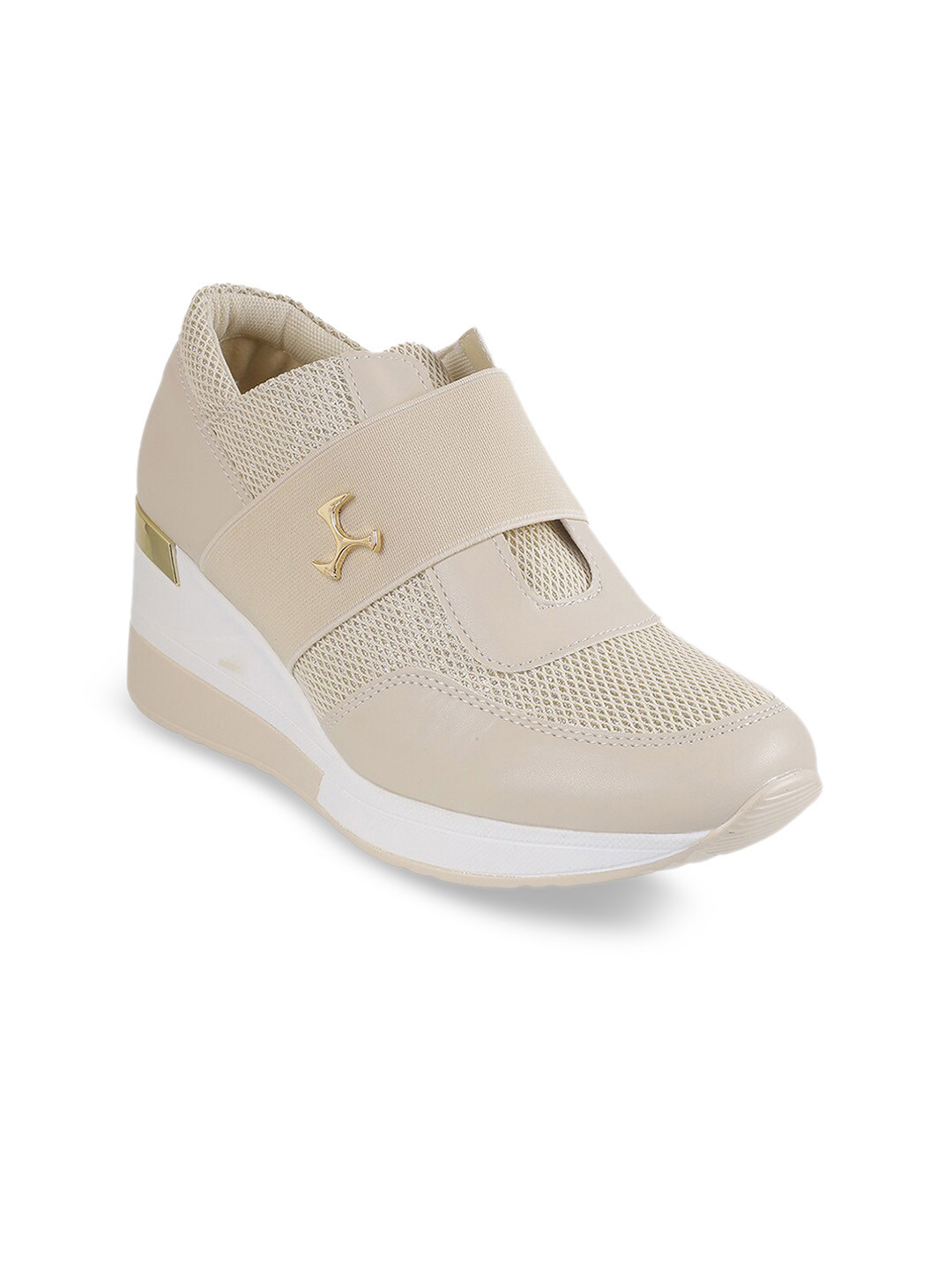 Mochi Women Beige Woven Design Slip-On Sneakers