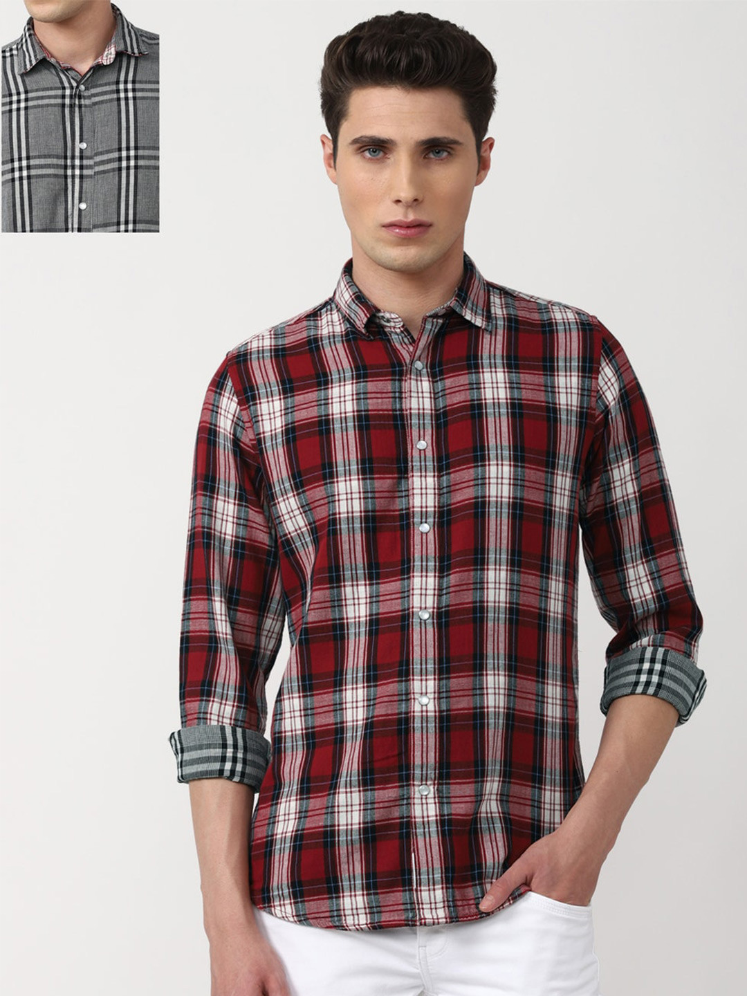 VAN HEUSEN DENIM LABS Men Grey & Red Slim Fit Checked Reversible Cotton Casual Shirt