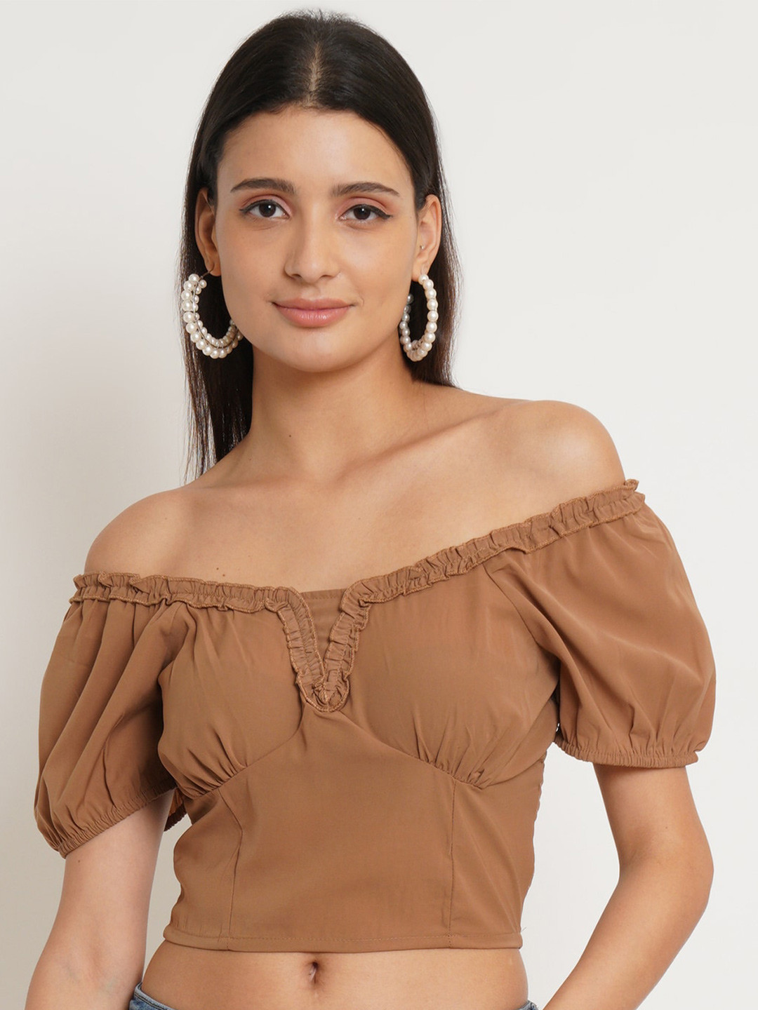IX IMPRESSION Brown Off-Shoulder Crop Top