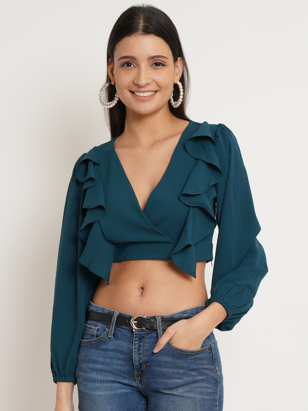 IX IMPRESSION Teal Ruffles Wrap Crop Top