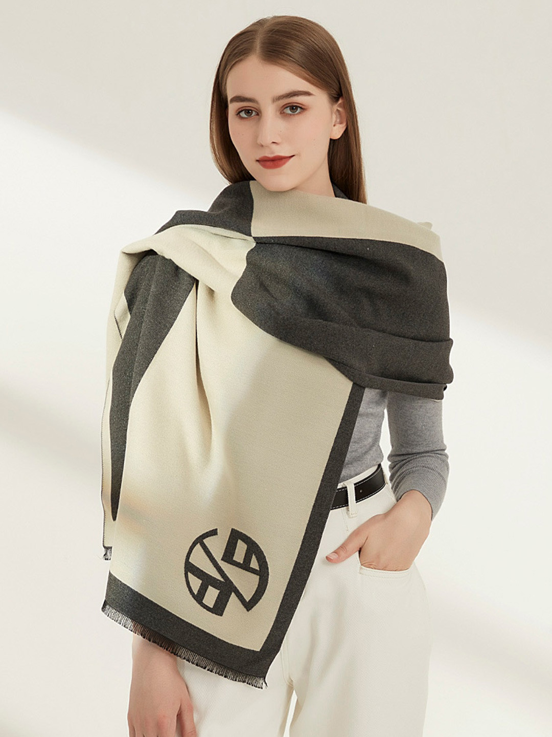 JC Collection Women Grey & Cream-Coloured Colourblocked Scarf