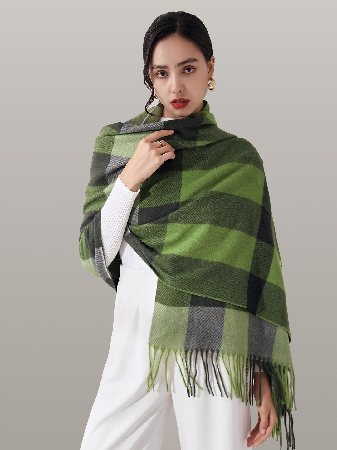 JC Collection Women Green & Grey Checked Scarf
